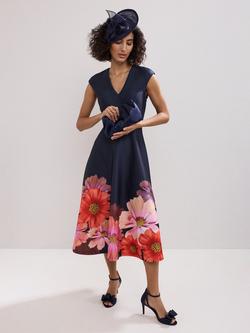 Phase Eight Rakhi Floral Cap Sleeve Midi Dress, Navy
