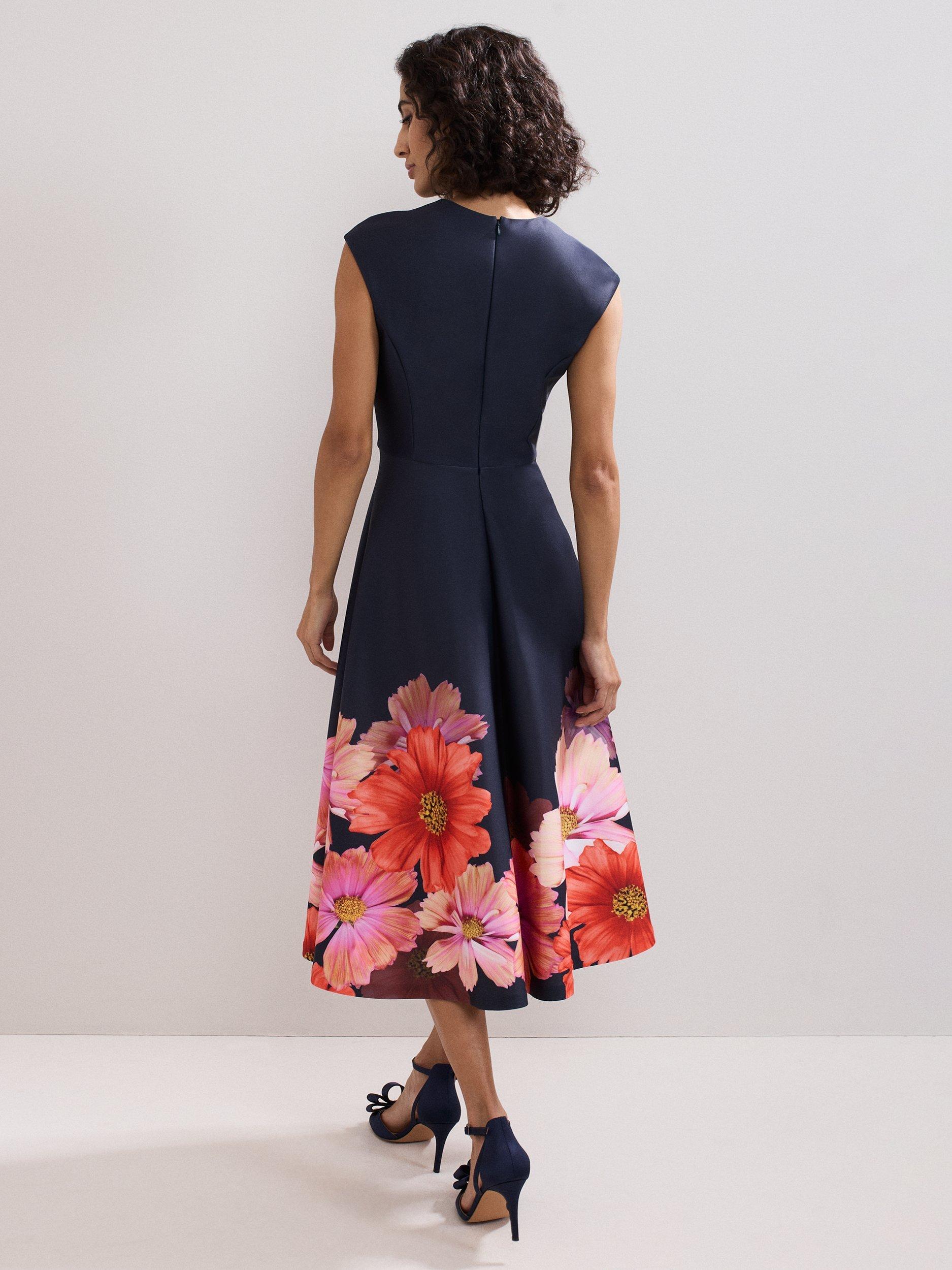 Product image 2 of 8, which shows Phase Eight Rakhi Floral Cap Sleeve Midi Dress, Navy, 26