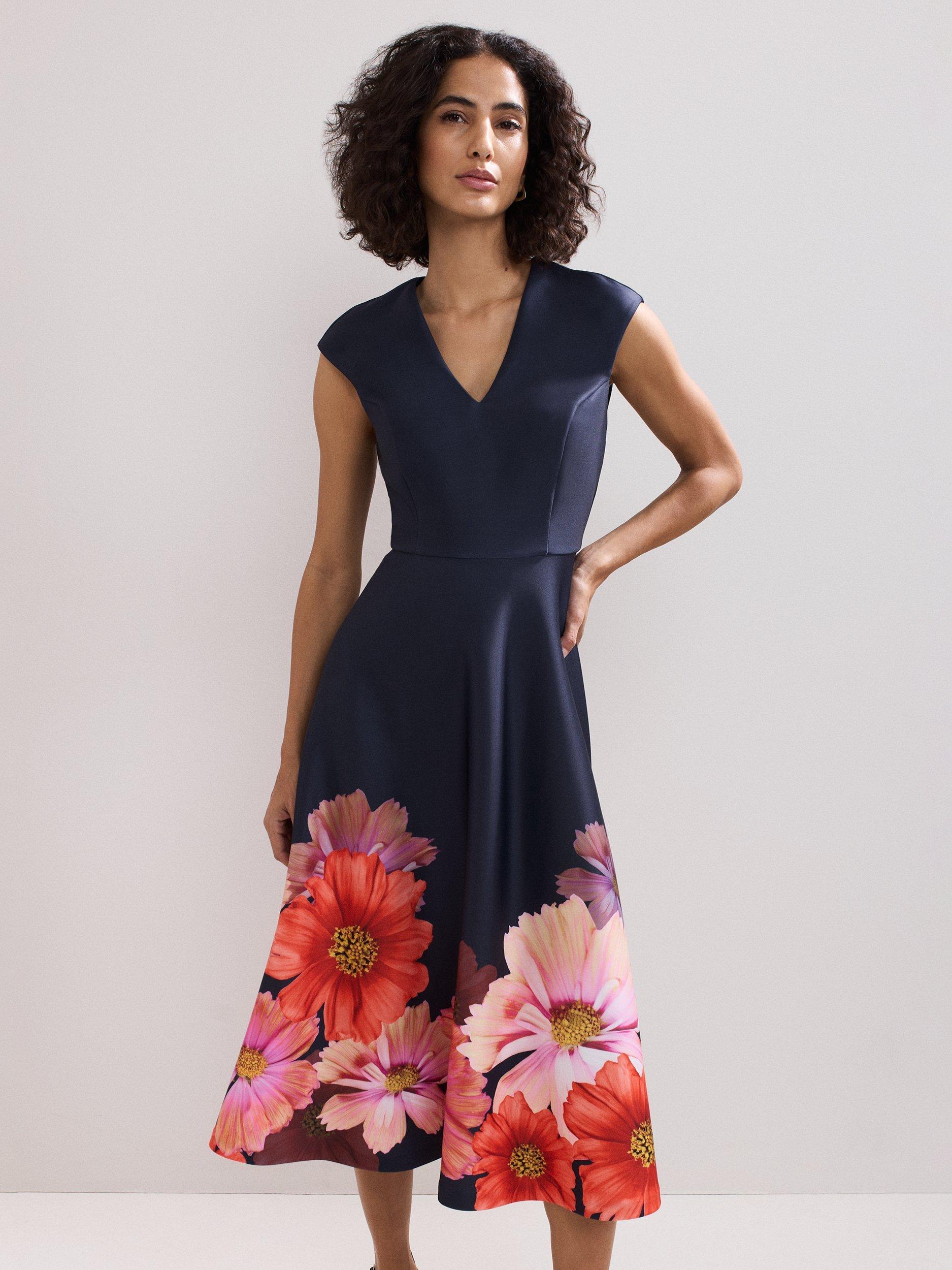Product image 3 of 8, which shows Phase Eight Rakhi Floral Cap Sleeve Midi Dress, Navy, 26