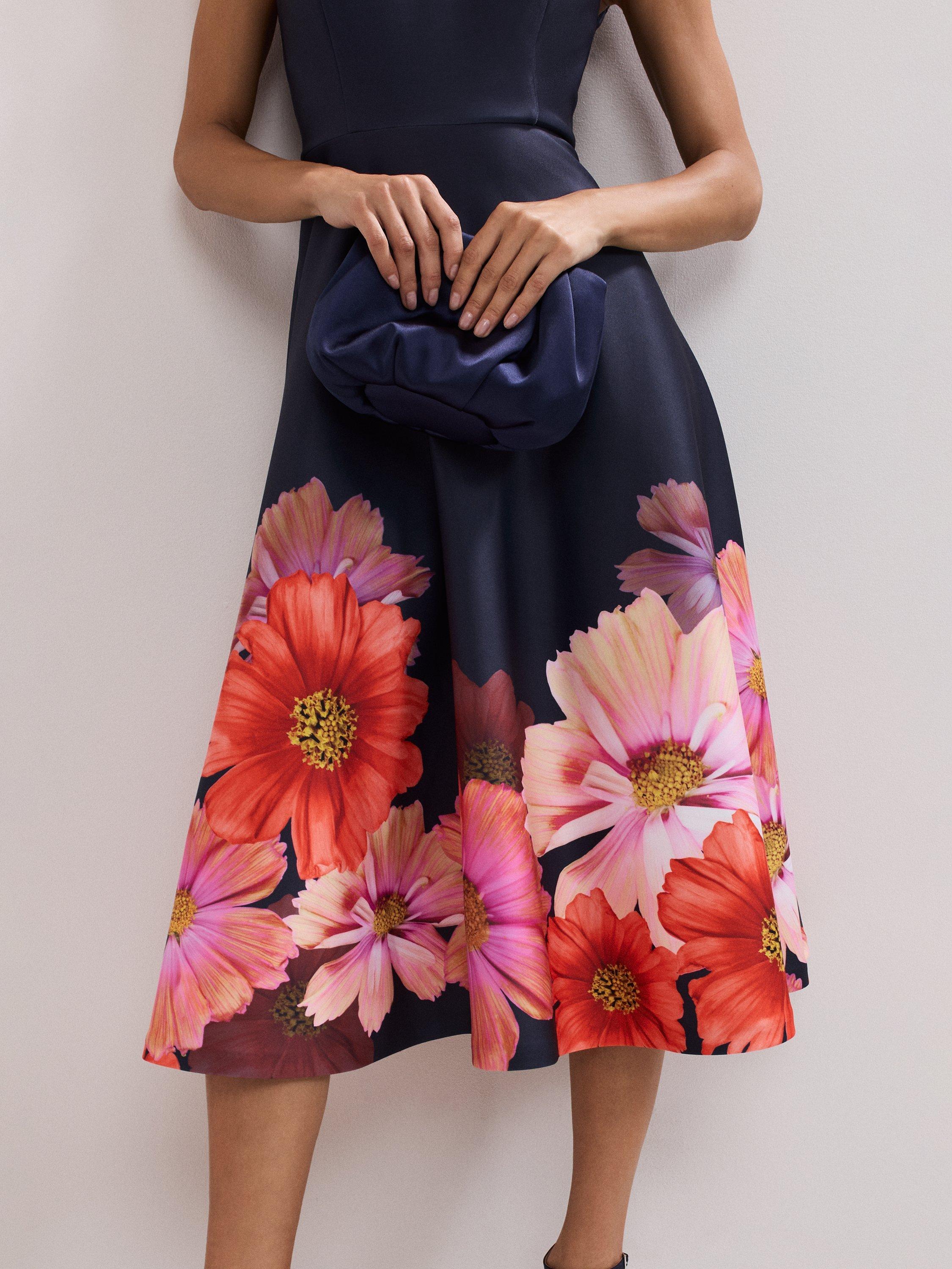 Product image 7 of 8, which shows Phase Eight Rakhi Floral Cap Sleeve Midi Dress, Navy, 26