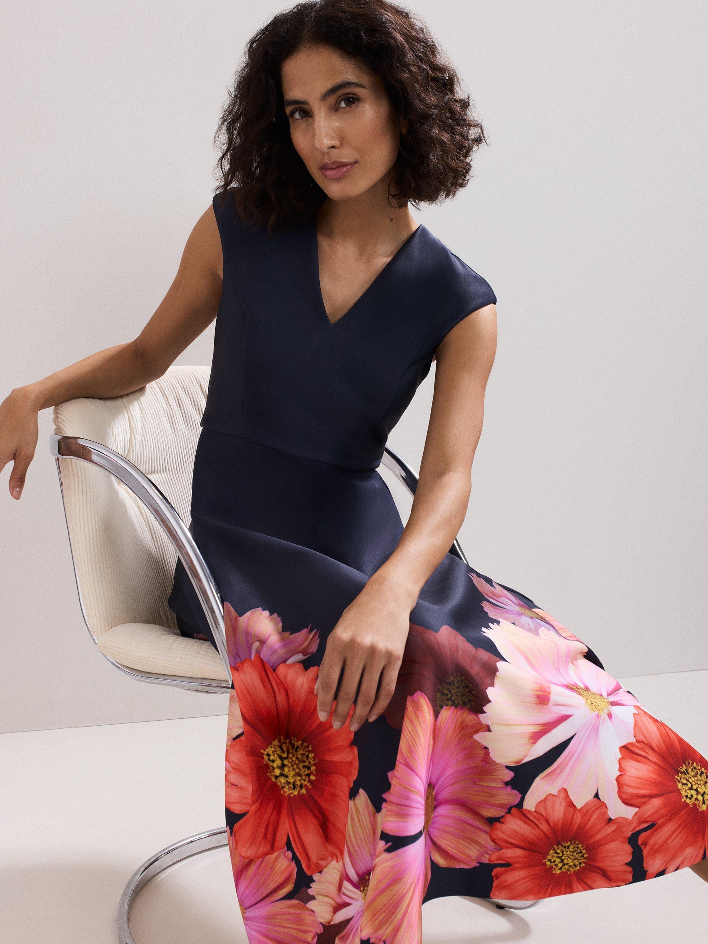 Product image 8 of 8, which shows Phase Eight Rakhi Floral Cap Sleeve Midi Dress, Navy, 26