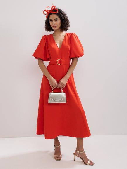 Phase Eight Zarah V-Neck Coral Midi Dress containing LENZING™ ECOVERO™ Viscose, Orange