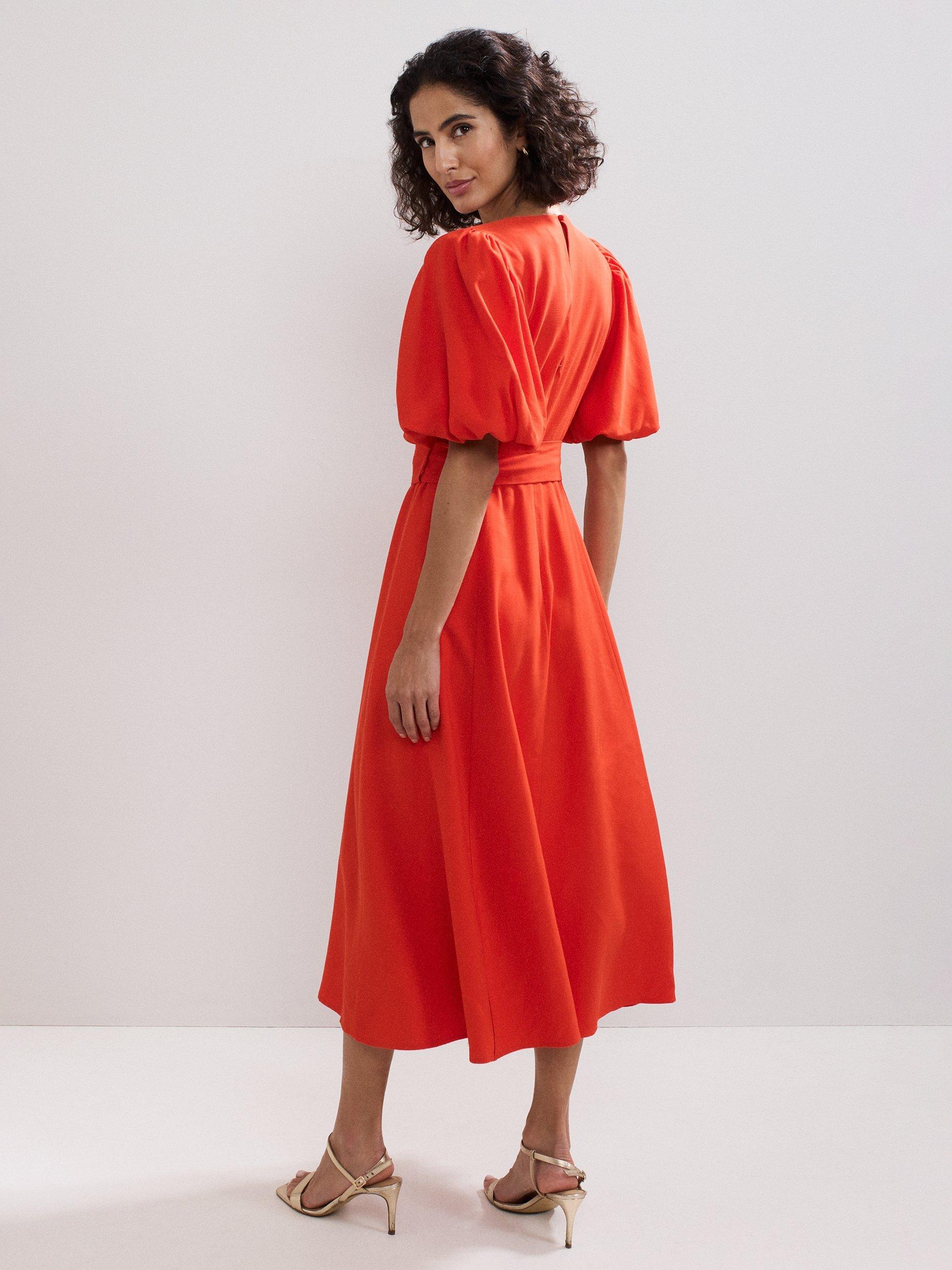 Product image 2 of 9, which shows Phase Eight Zarah V-Neck Coral Midi Dress, Orange, 8