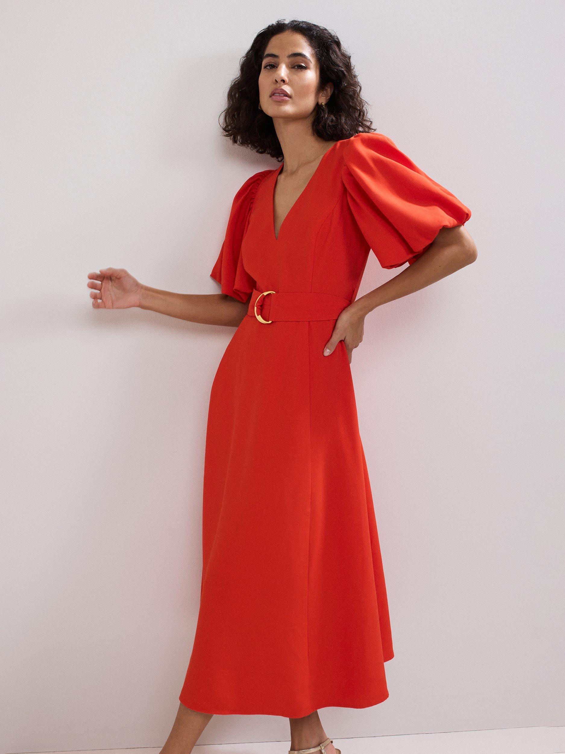 Product image 3 of 9, which shows Phase Eight Zarah V-Neck Coral Midi Dress, Orange, 8