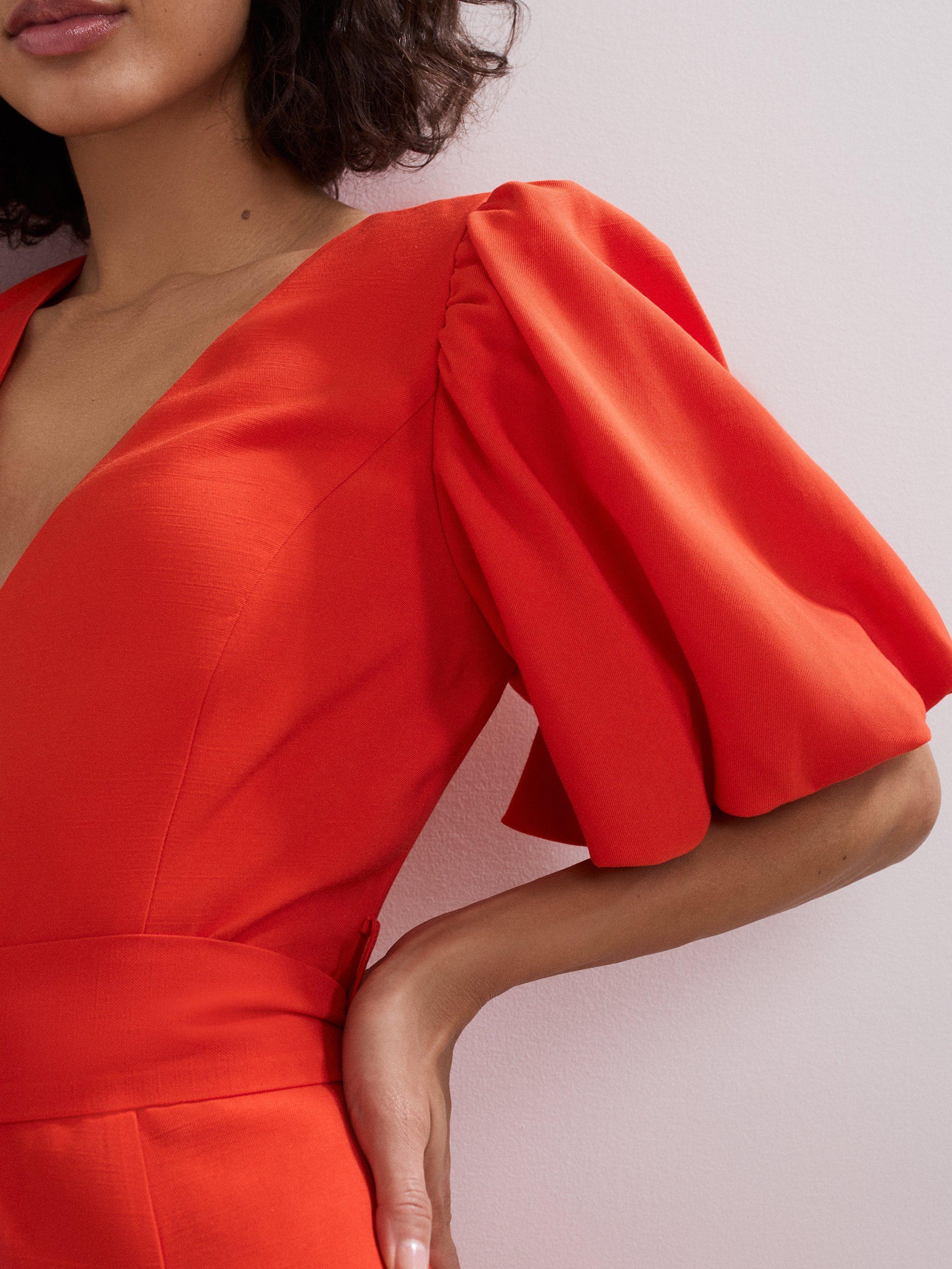 Product image 4 of 9, which shows Phase Eight Zarah V-Neck Coral Midi Dress, Orange, 8