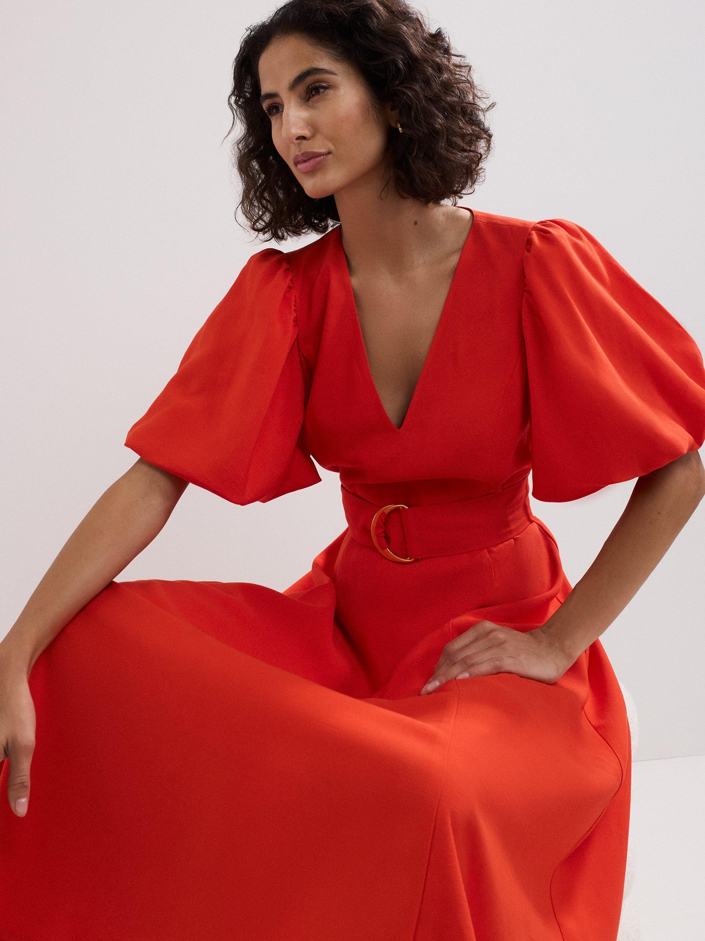 Product image 9 of 9, which shows Phase Eight Zarah V-Neck Coral Midi Dress, Orange, 8