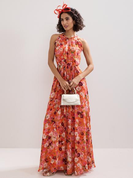 Phase Eight Zelah Floral Halterneck Maxi Dress, Orange