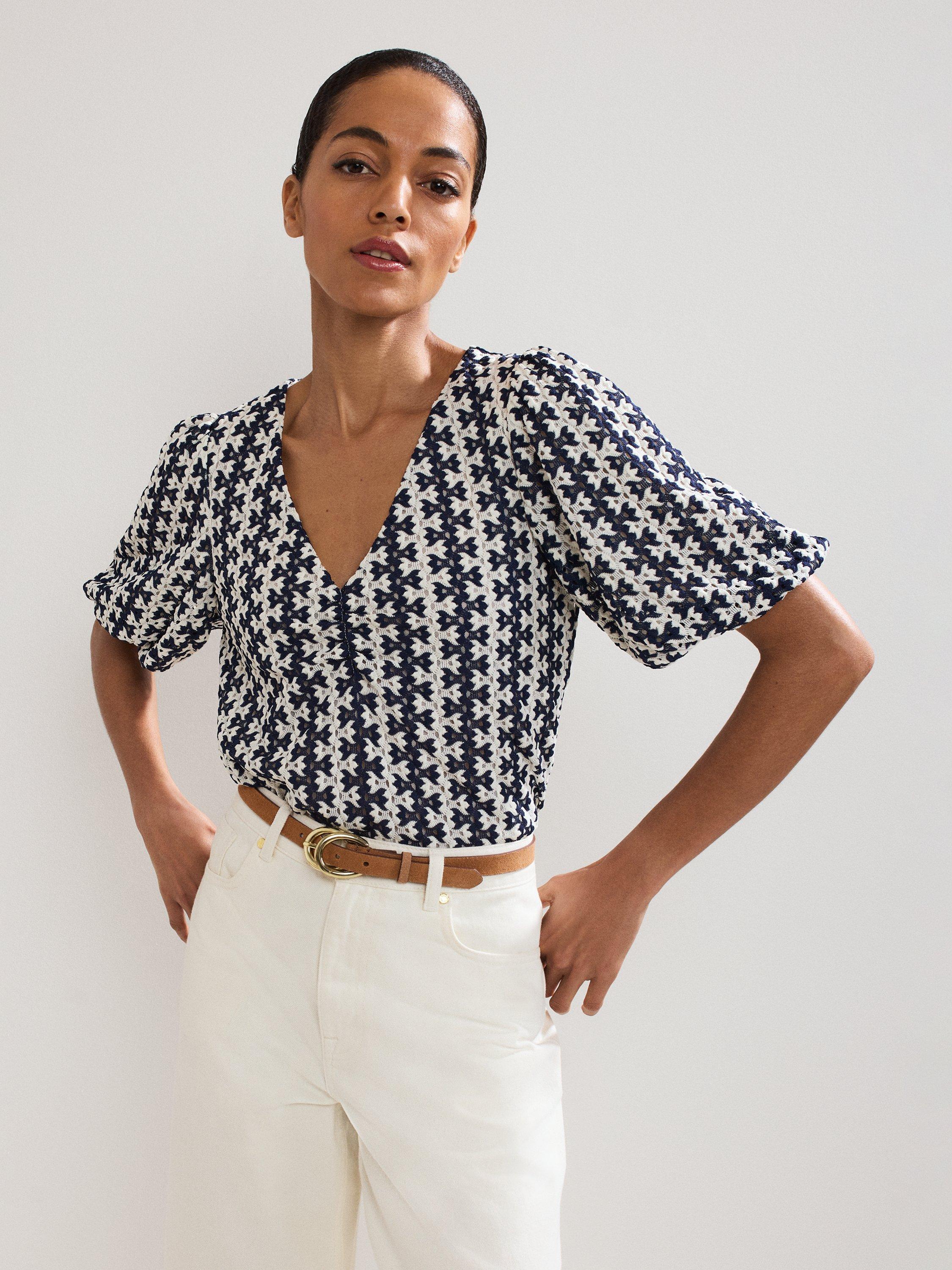 Product image 1 of 8, which shows Phase Eight Alba Textured Stripe Top, Navy/Ivory, 22