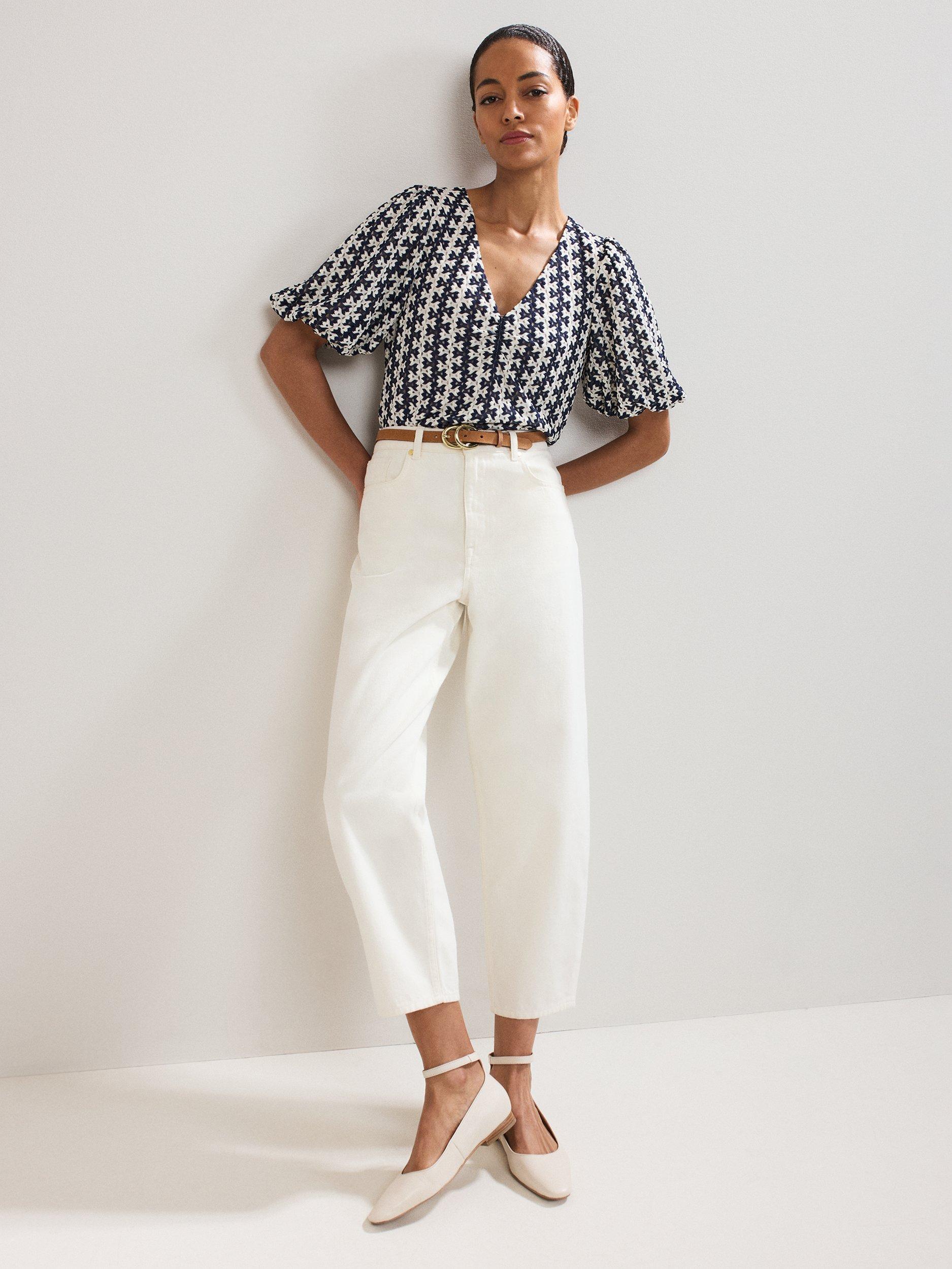 Product image 3 of 8, which shows Phase Eight Alba Textured Stripe Top, Navy/Ivory, 22