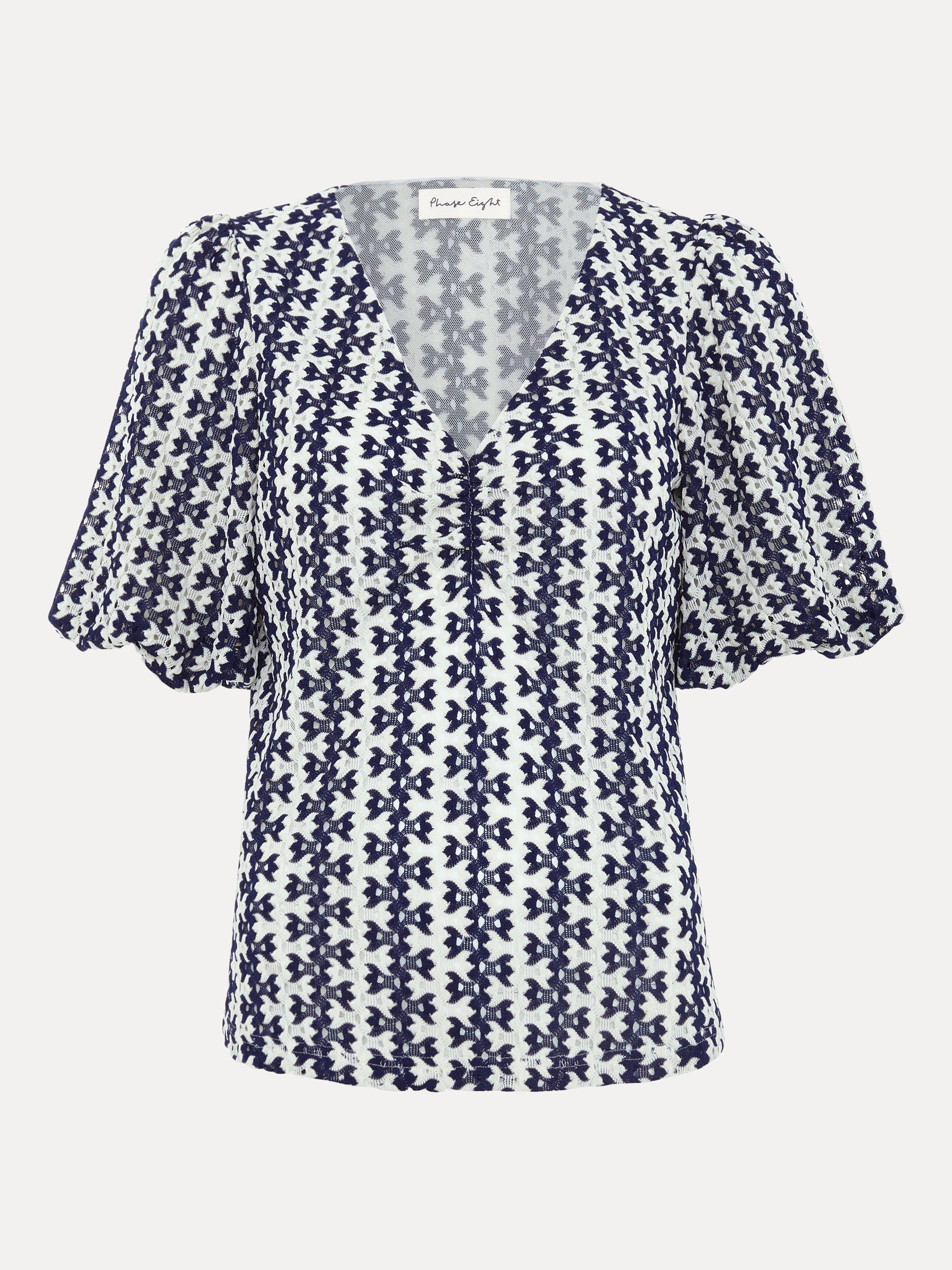 Product image 5 of 8, which shows Phase Eight Alba Textured Stripe Top, Navy/Ivory, 22