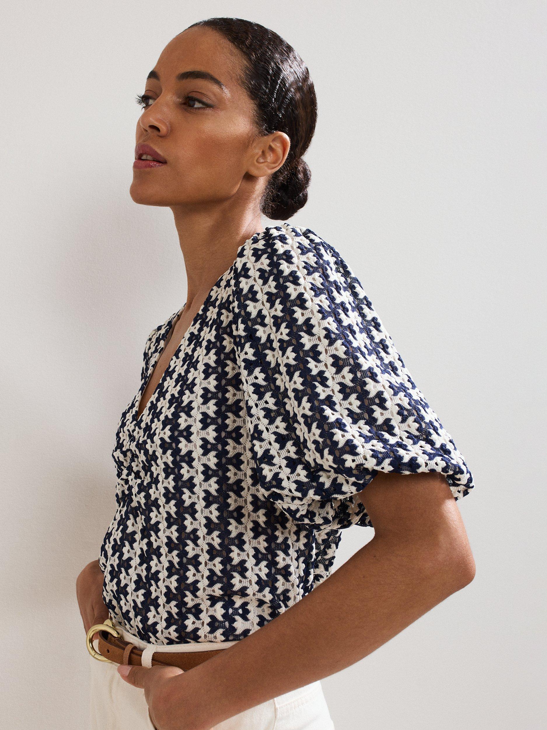 Product image 7 of 8, which shows Phase Eight Alba Textured Stripe Top, Navy/Ivory, 22