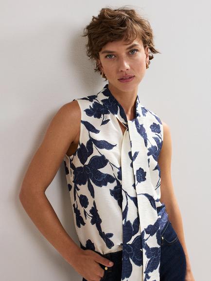 Phase Eight Junie Floral Tie Neck Blouse, Navy/Ivory
