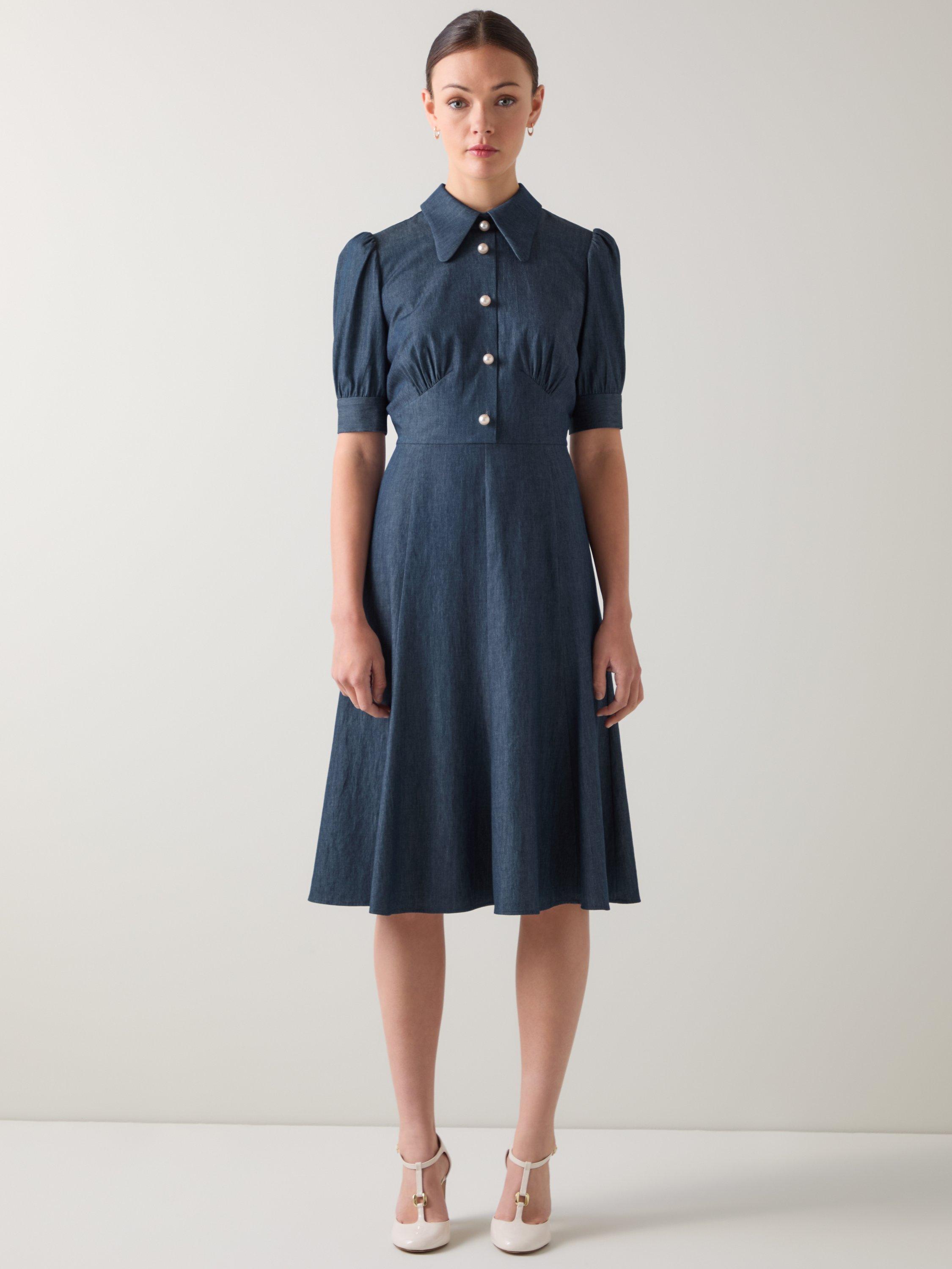 Product image 1 of 5, which shows L.K.Bennett Esme Chambray Flared Dress, Chambray, 20
