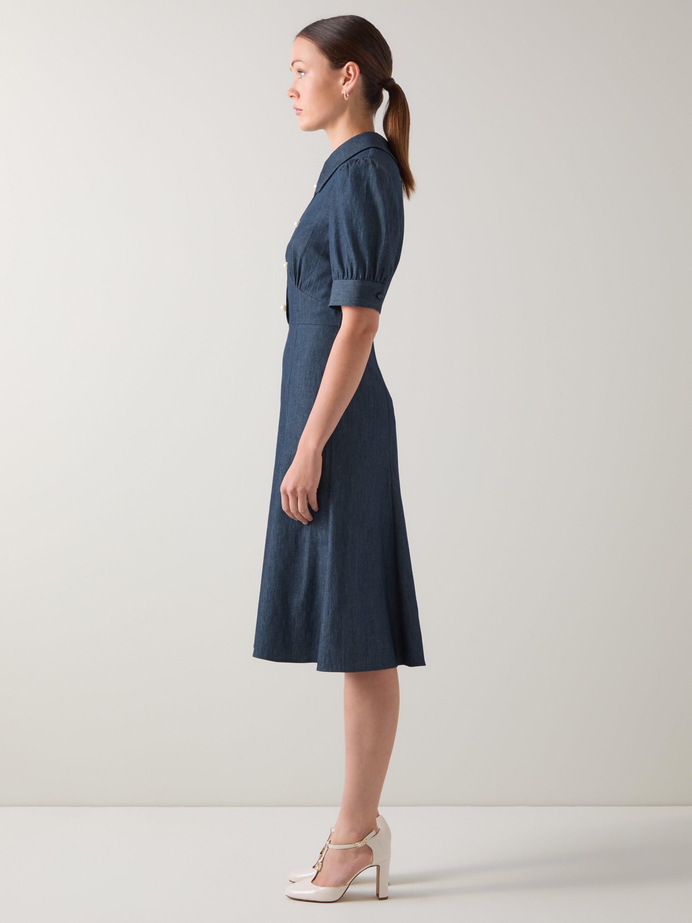 Product image 2 of 5, which shows L.K.Bennett Esme Chambray Flared Dress, Chambray, 20
