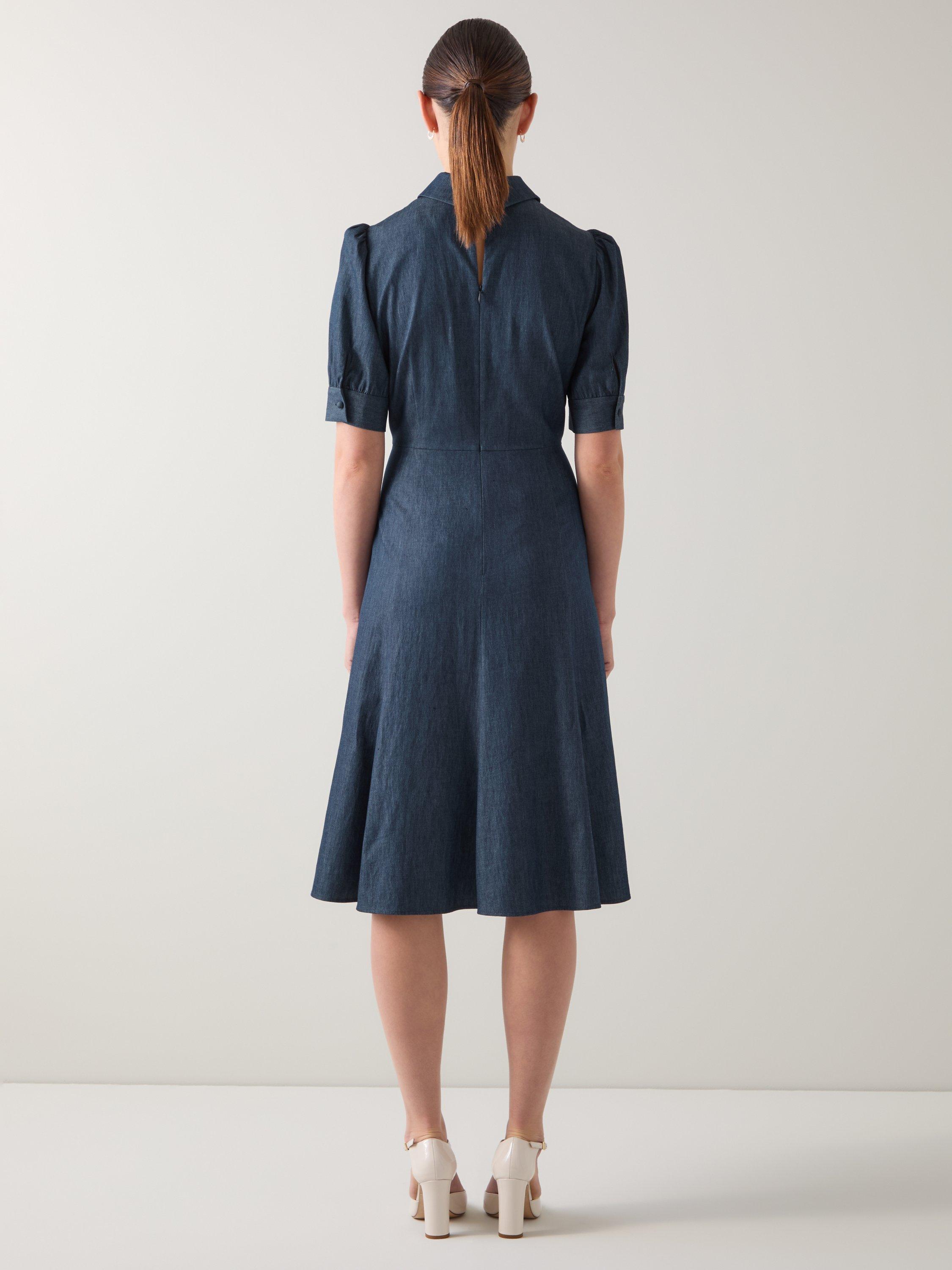 Product image 3 of 5, which shows L.K.Bennett Esme Chambray Flared Dress, Chambray, 20