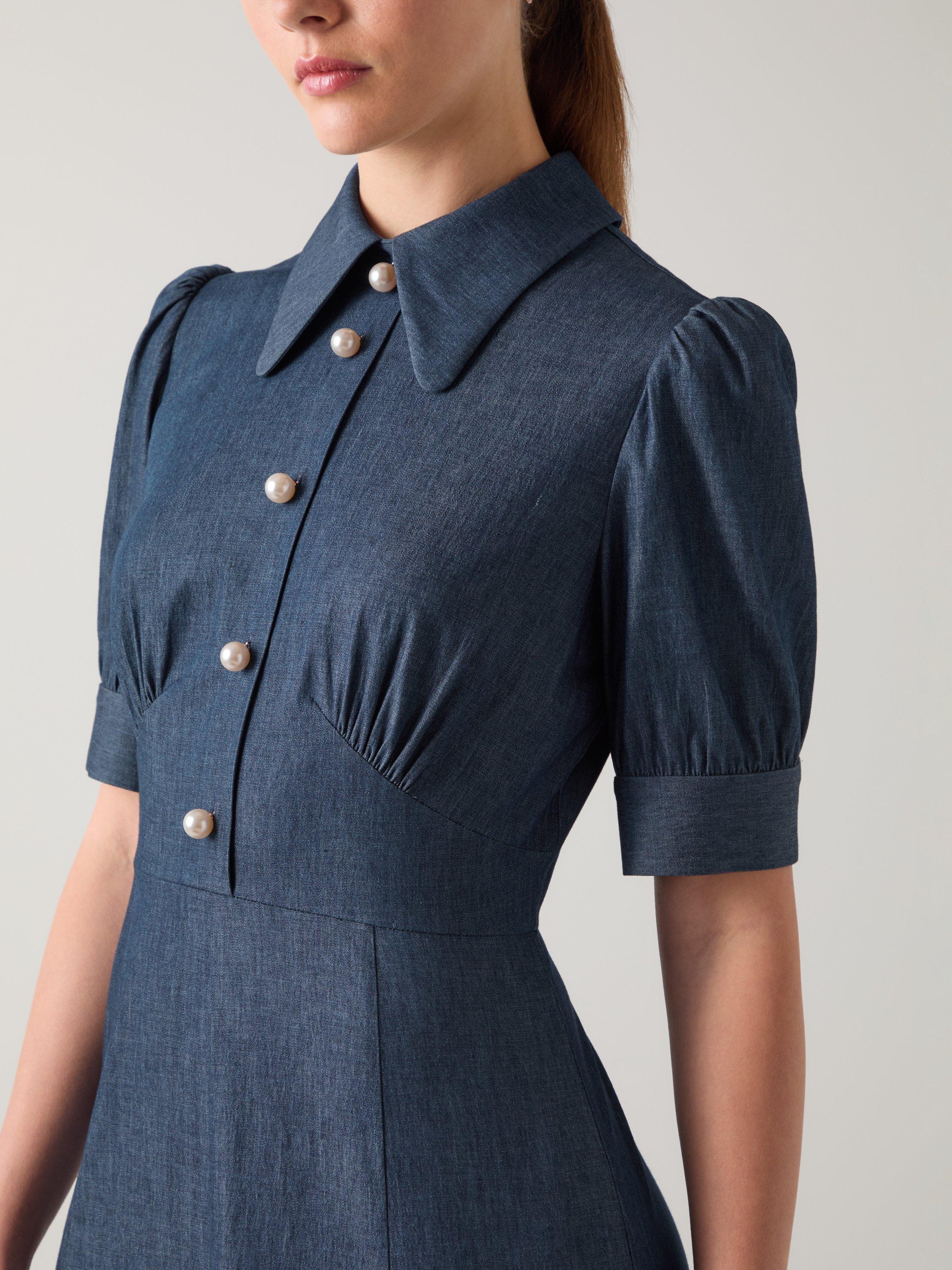 Product image 4 of 5, which shows L.K.Bennett Esme Chambray Flared Dress, Chambray, 20