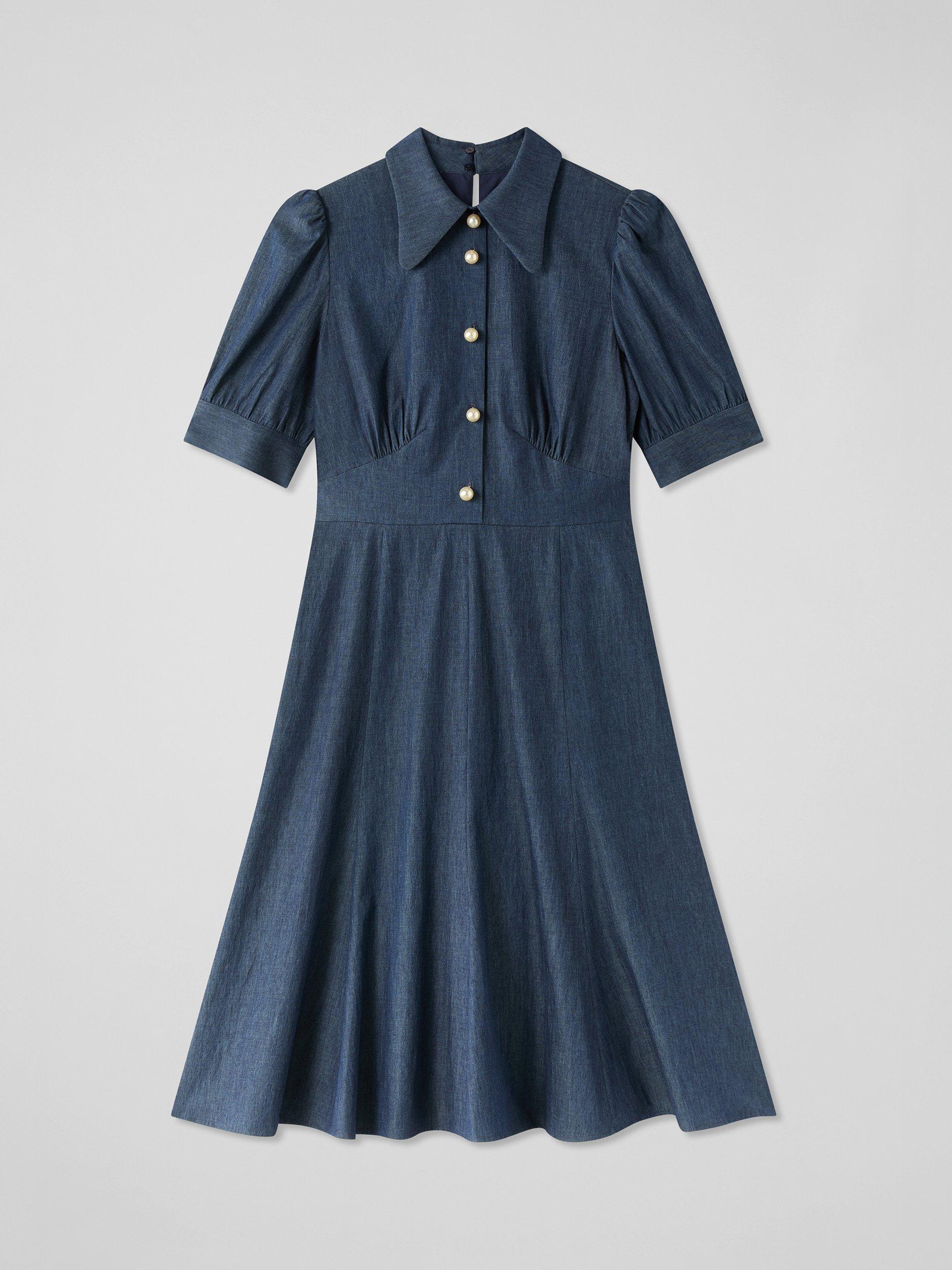 Product image 5 of 5, which shows L.K.Bennett Esme Chambray Flared Dress, Chambray, 20