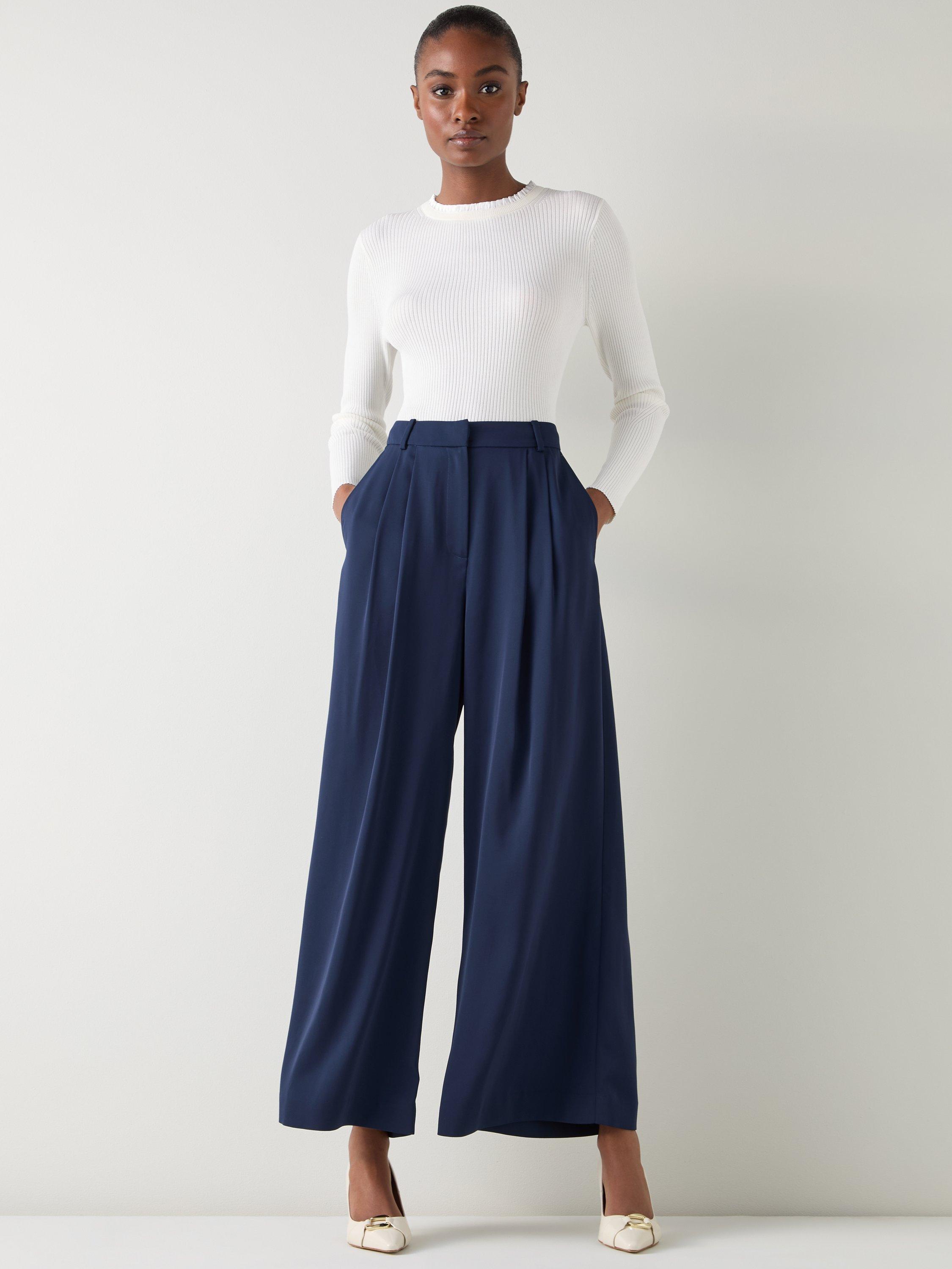 Product image 1 of 5, which shows L.K.Bennett Sykes Crepe Wide Leg Trousers, Navy, 6