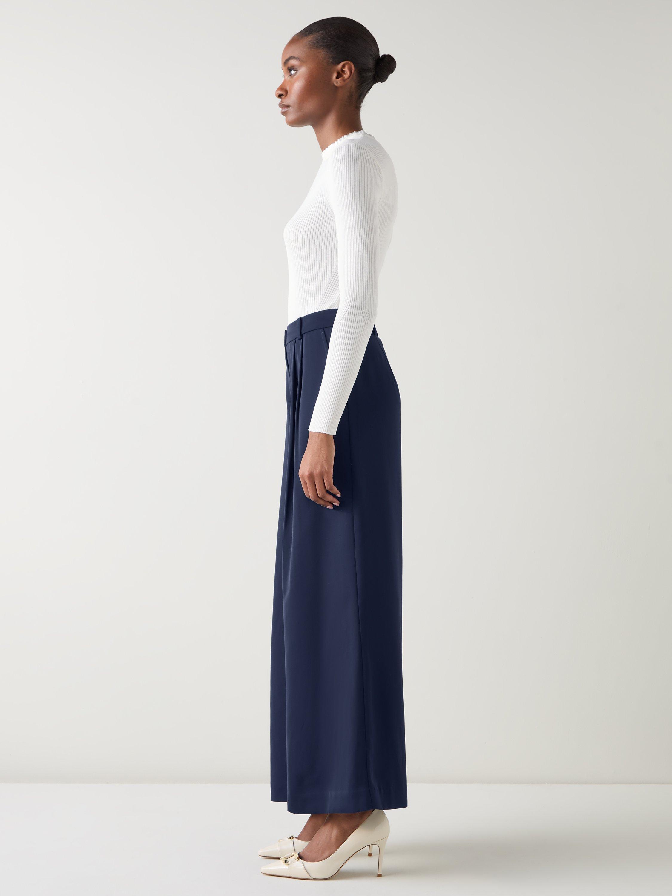 Product image 2 of 5, which shows L.K.Bennett Sykes Crepe Wide Leg Trousers, Navy, 6