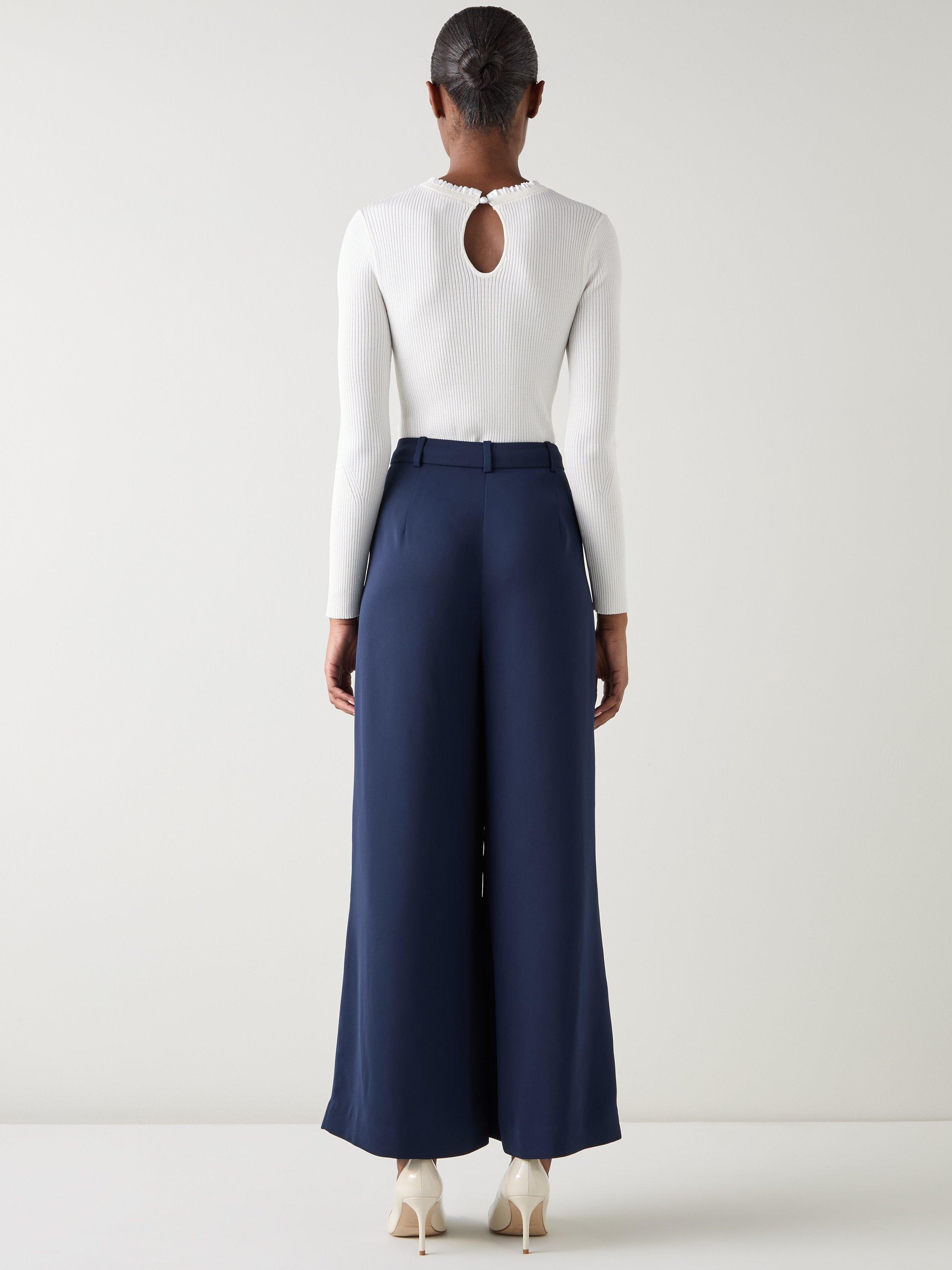 Product image 3 of 5, which shows L.K.Bennett Sykes Crepe Wide Leg Trousers, Navy, 6