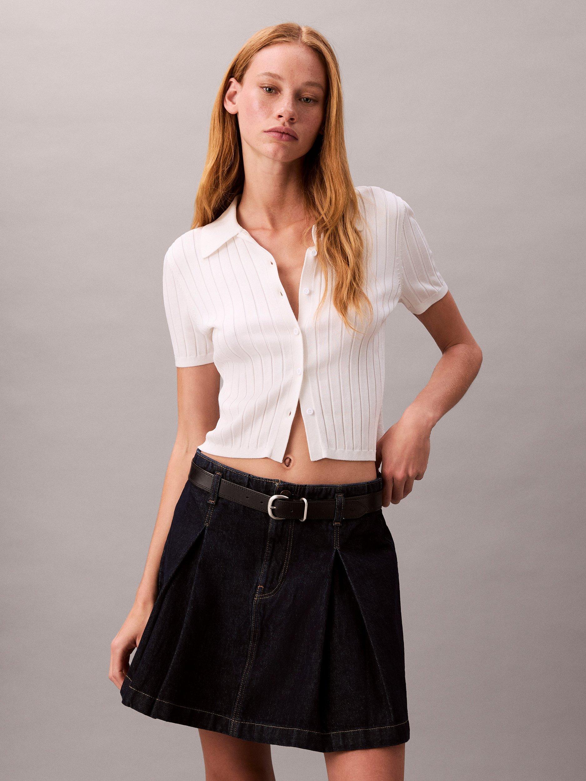 Product image 1 of 5, which shows Calvin Klein Classic Pleated Cotton Denim Skirt, Ck Classic Rinse, 26