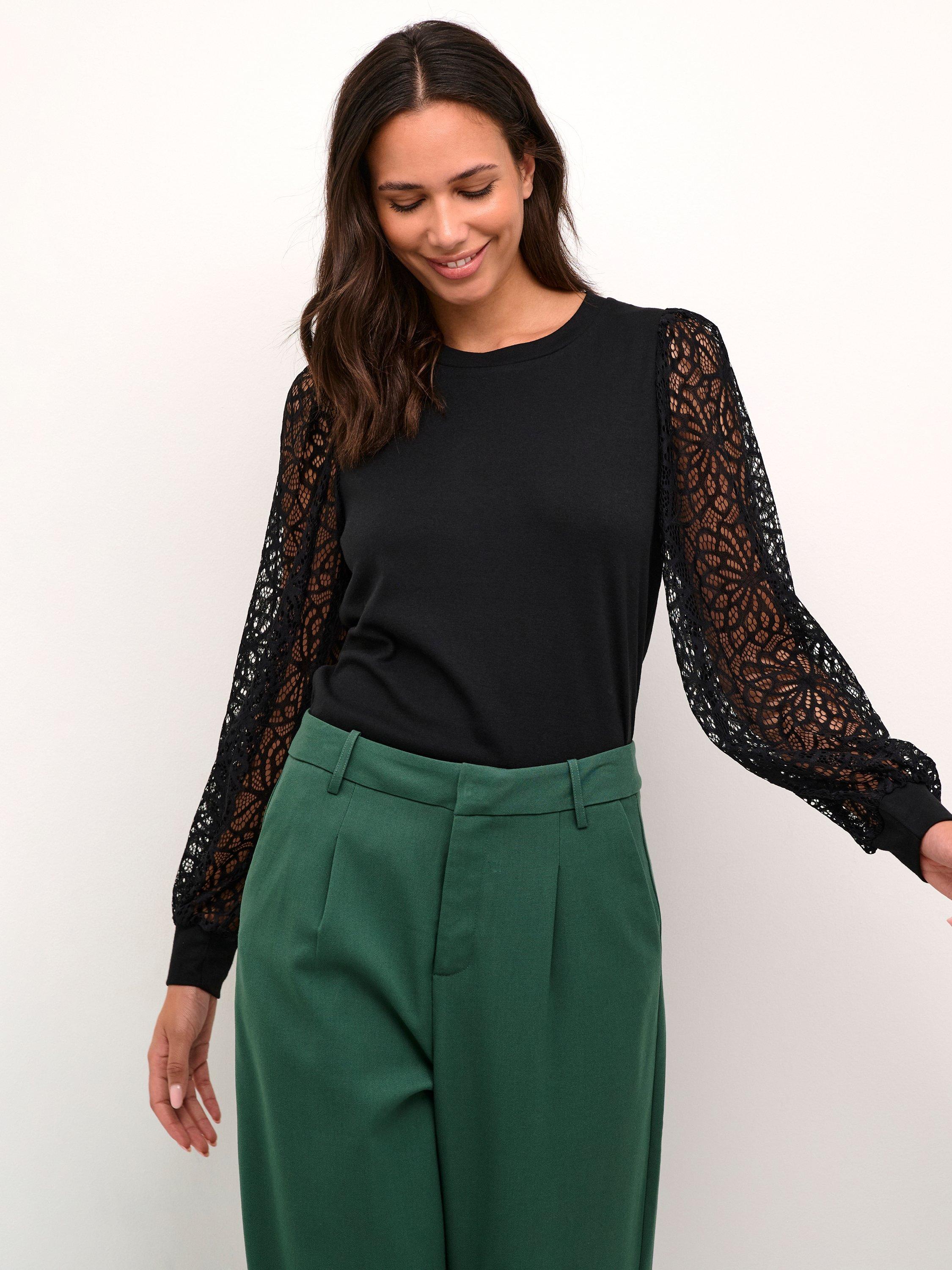 Product image 1 of 6, which shows KAFFE Becca Floral Lace Sleeve Top, Black Deep, XXL