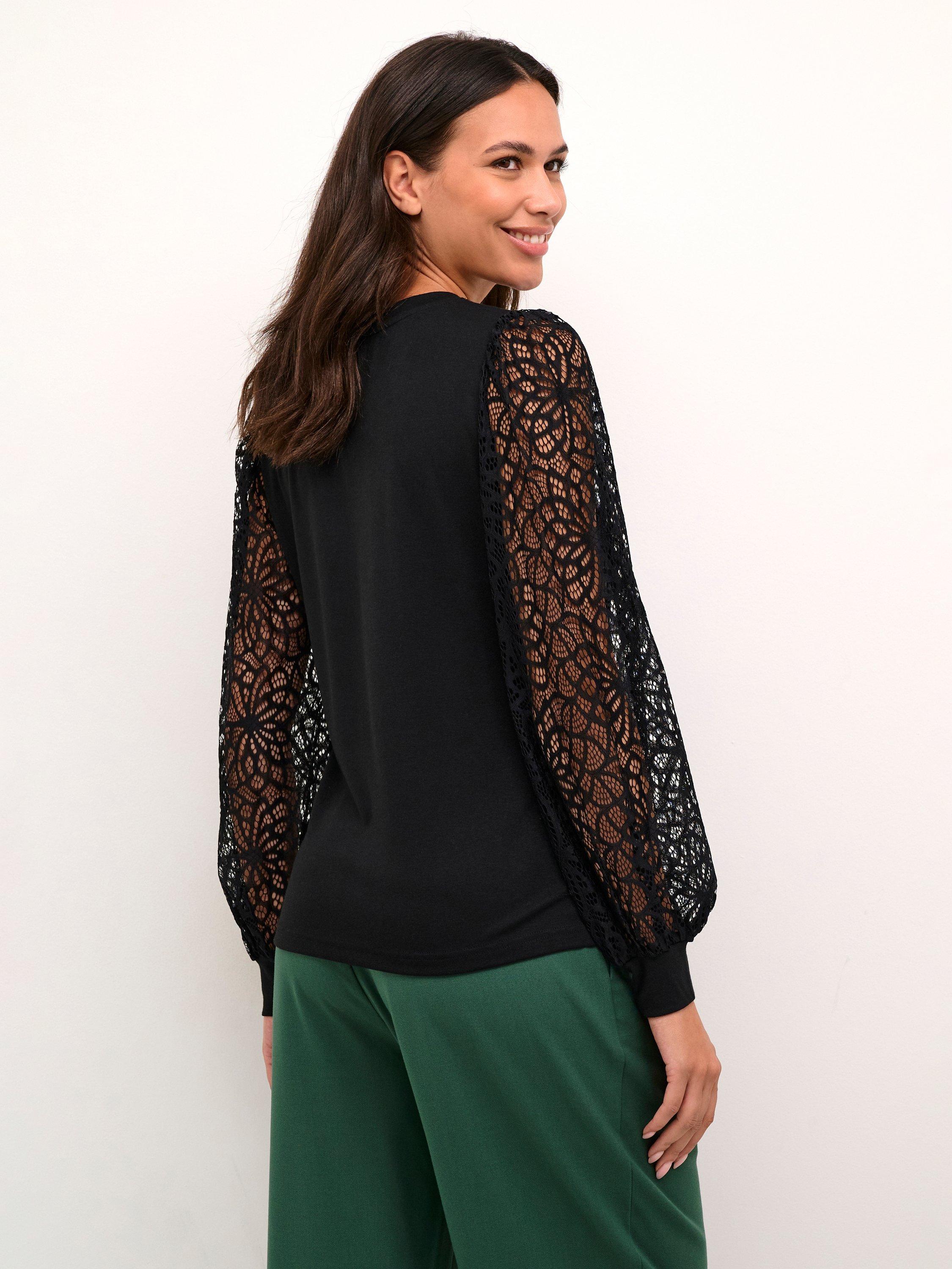 Product image 2 of 6, which shows KAFFE Becca Floral Lace Sleeve Top, Black Deep, XXL