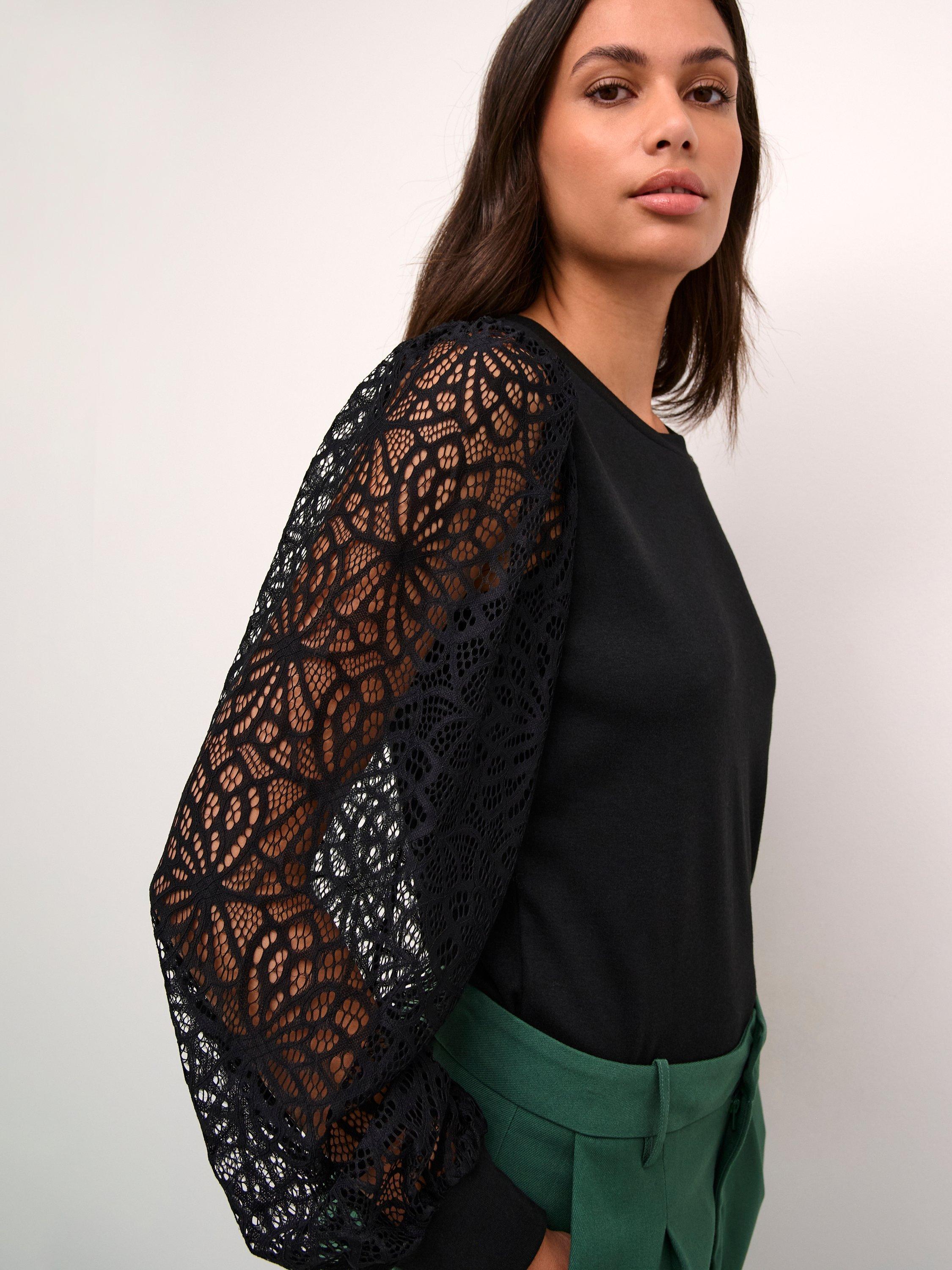 Product image 4 of 6, which shows KAFFE Becca Floral Lace Sleeve Top, Black Deep, XXL