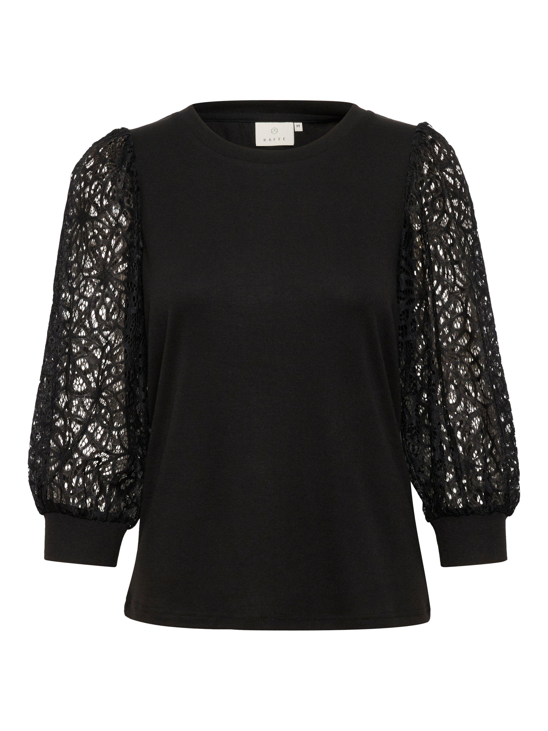 Product image 5 of 6, which shows KAFFE Becca Floral Lace Sleeve Top, Black Deep, XXL