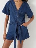 HUSH Eileen Denim Playsuit, Mid Blue Authentic