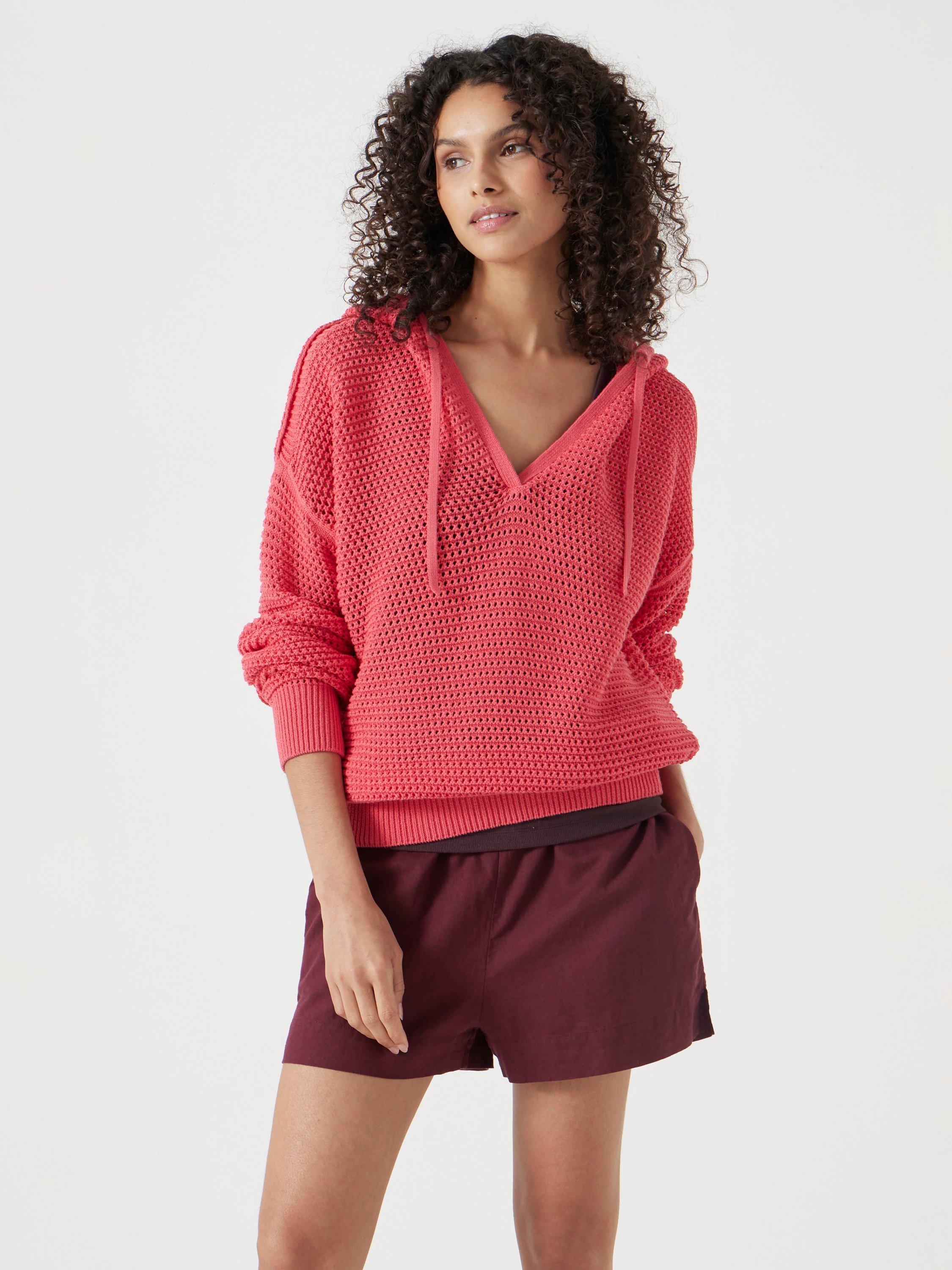 Product image 1 of 6, which shows HUSH Waffle Open Stitch Hoodie, Coral Pink, L-XL