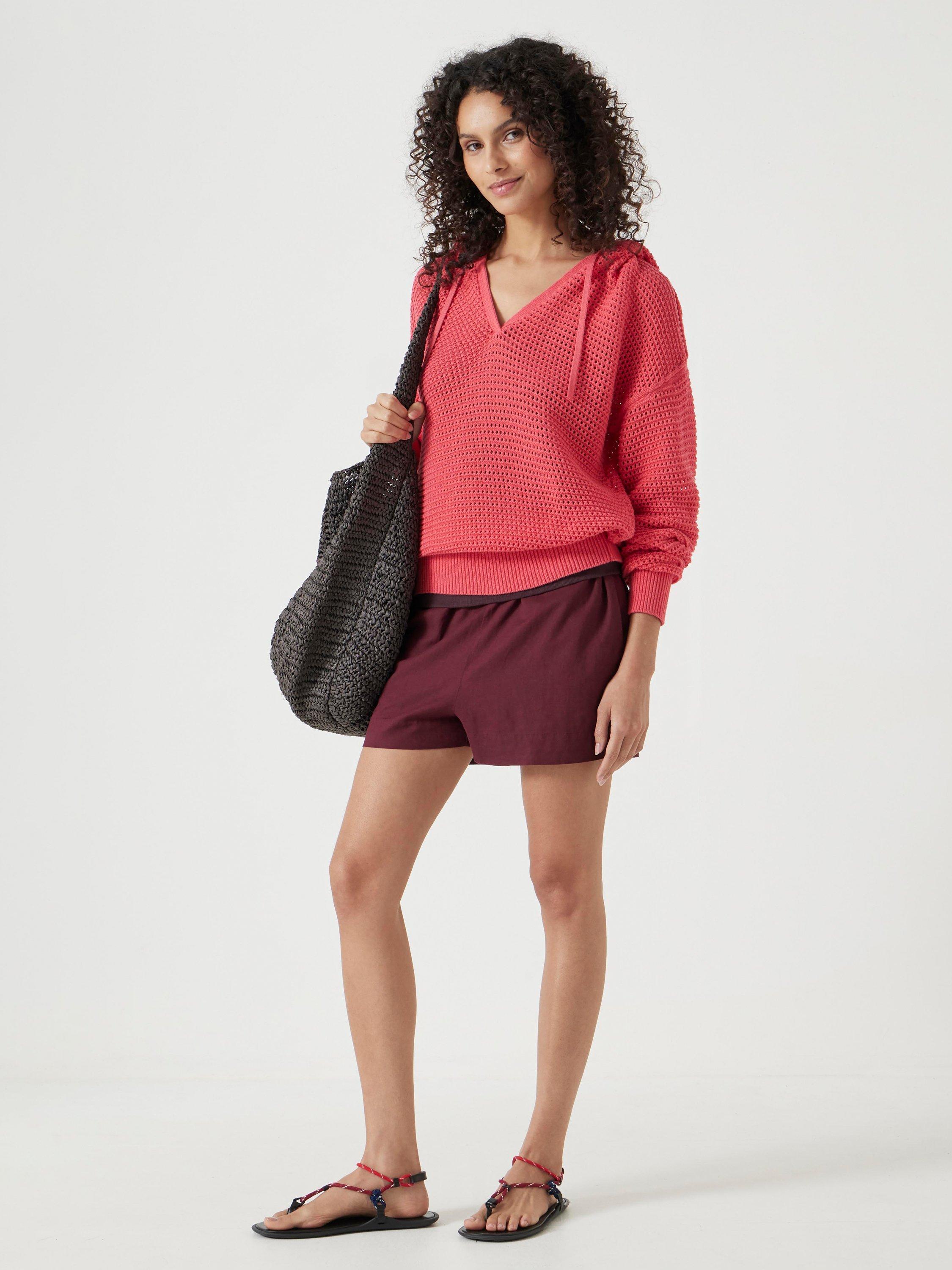 Product image 3 of 6, which shows HUSH Waffle Open Stitch Hoodie, Coral Pink, L-XL