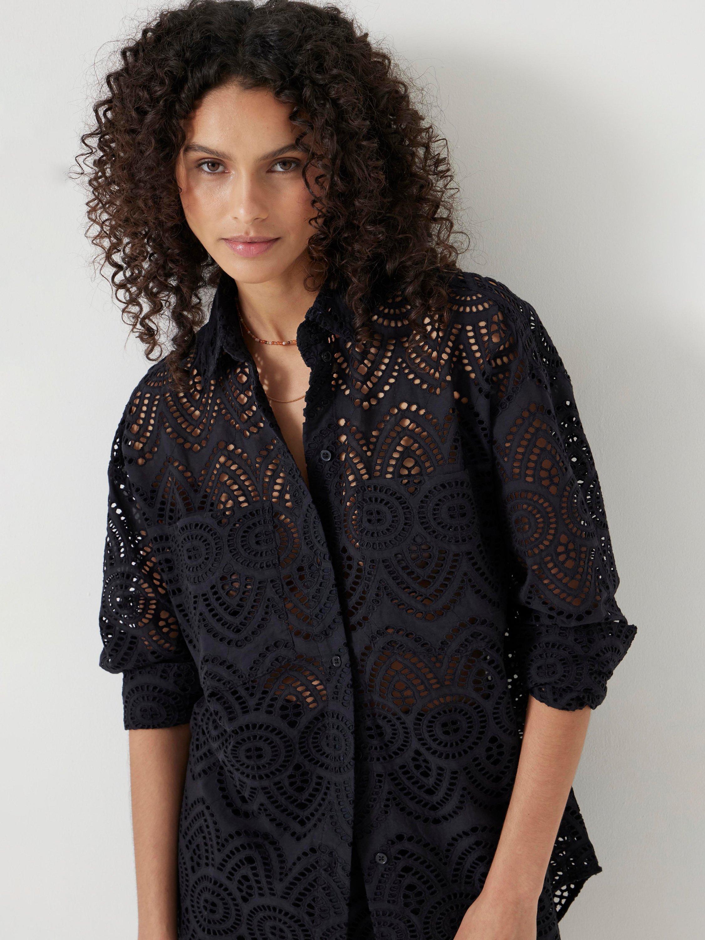 Product image 1 of 5, which shows HUSH Broderie Cotton Shirt, Black, XXS