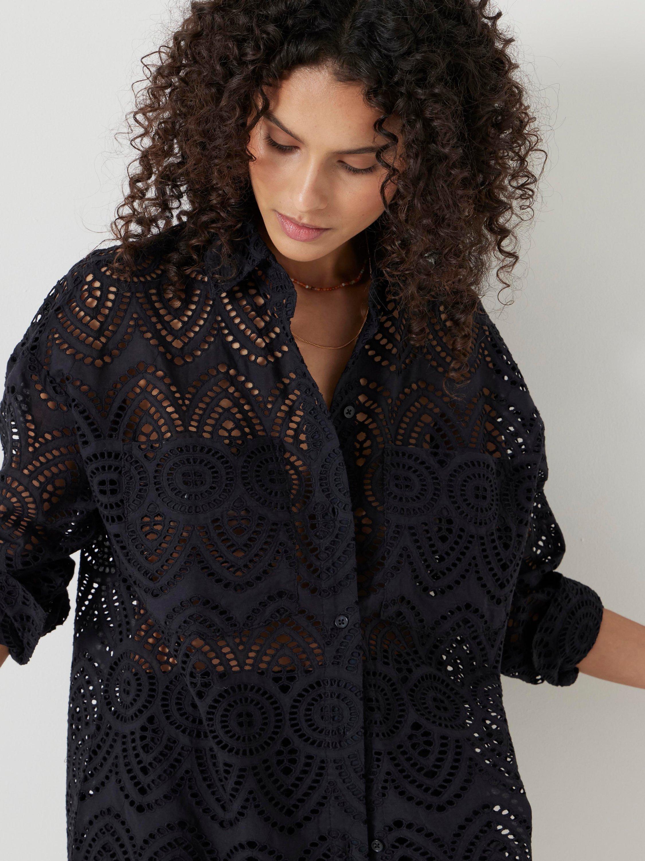 Product image 4 of 5, which shows HUSH Broderie Cotton Shirt, Black, XXS