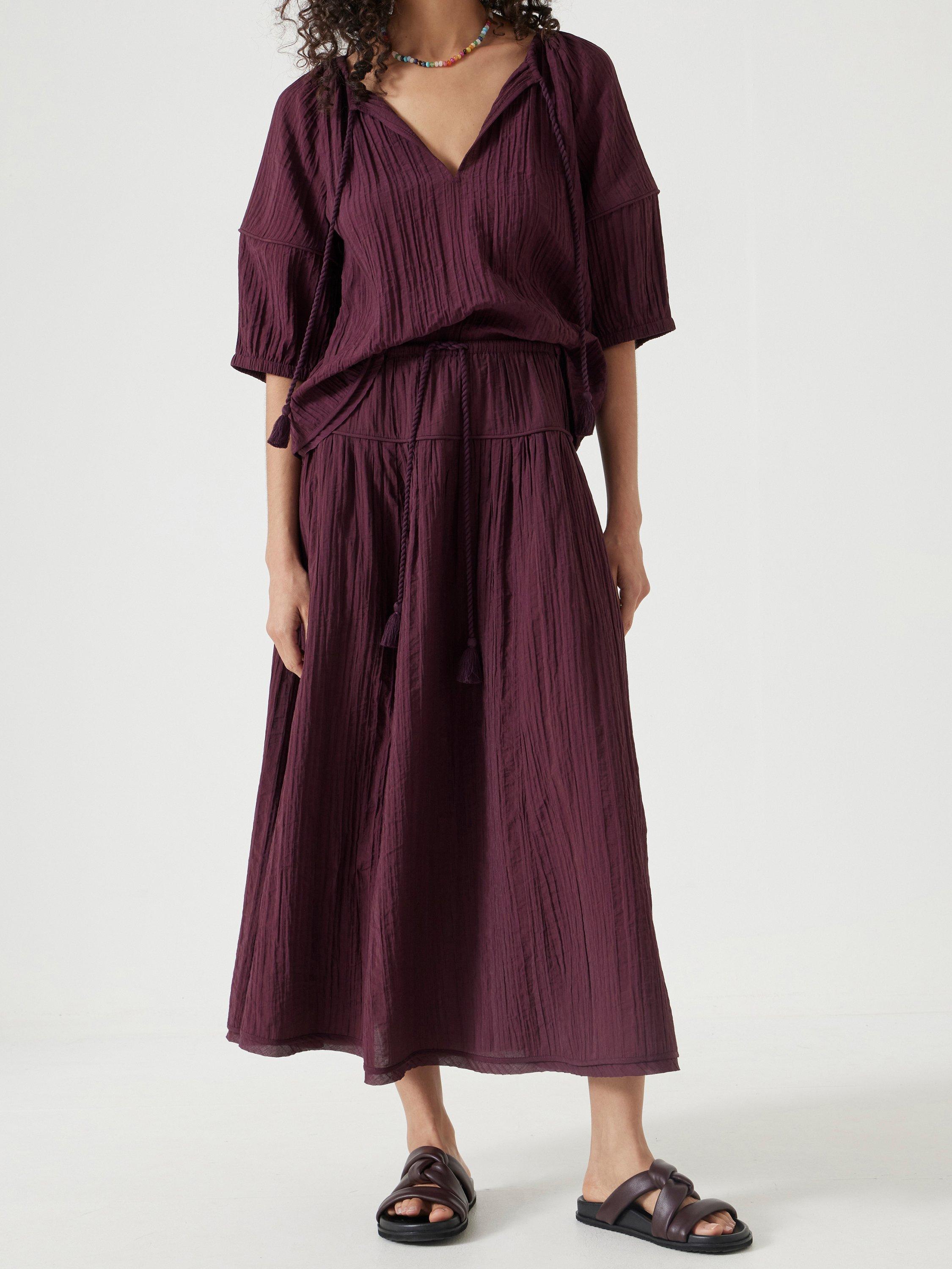 Product image 1 of 5, which shows HUSH Gathered Maxi Skirt, Wine Red, XXS
