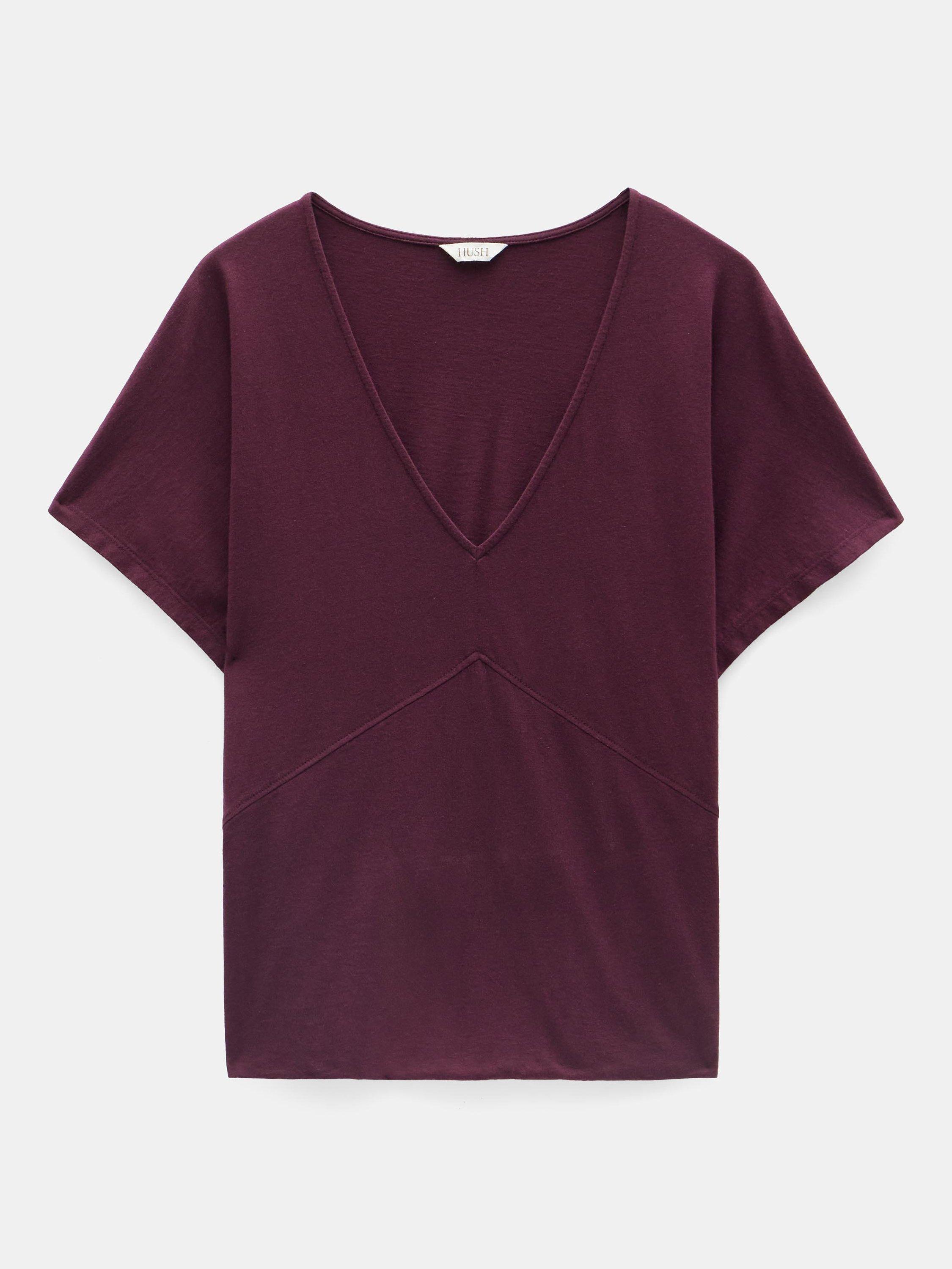 Product image 4 of 5, which shows HUSH Relaxed Fit V-Neck T-Shirt, Maroon Red, XXS