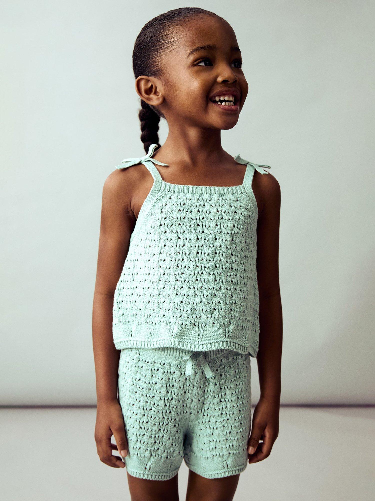 Product image 1 of 6, which shows Mango Kids' Gili Knitted Bow Shorts, Turquoise - Aqua, 12-18 months