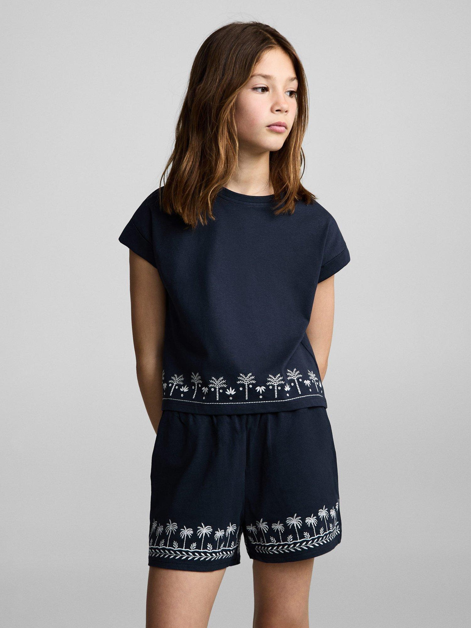 Product image 1 of 7, which shows Mango Kids' Cotton Embroidered Palm Tree Top, Navy, 5-6 years