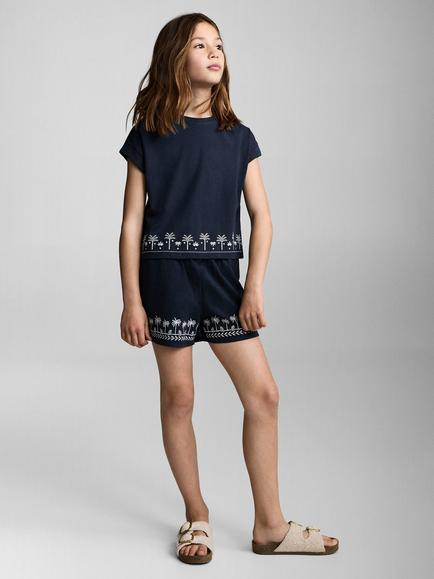 Mango Kids' Cotton Embroidered Palm Tree Top, Navy - view 2, Navy