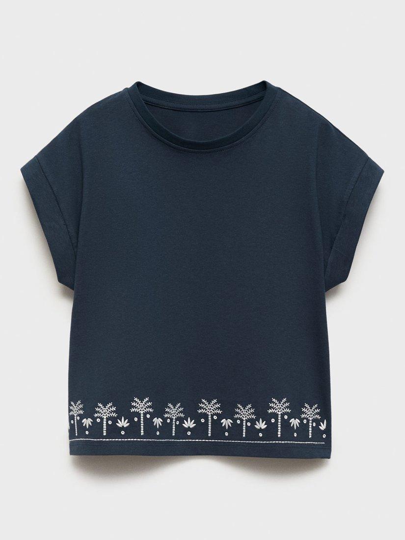 Product image 3 of 7, which shows Mango Kids' Cotton Embroidered Palm Tree Top, Navy, 5-6 years