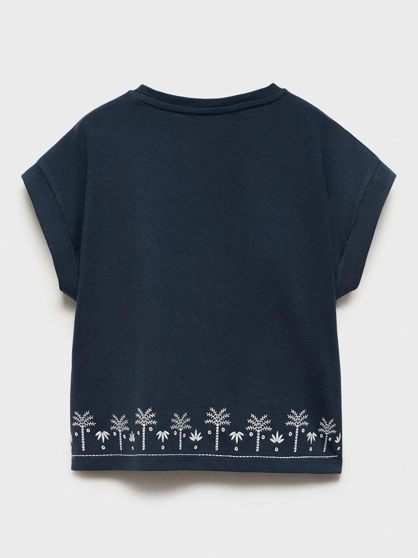 Product image 4 of 7, which shows Mango Kids' Cotton Embroidered Palm Tree Top, Navy, 5-6 years