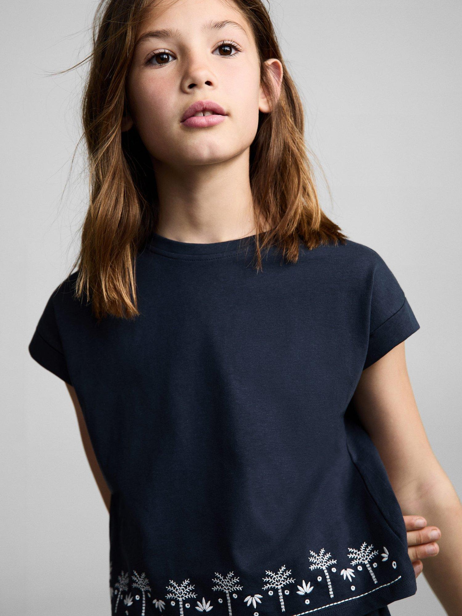 Product image 6 of 7, which shows Mango Kids' Cotton Embroidered Palm Tree Top, Navy, 5-6 years