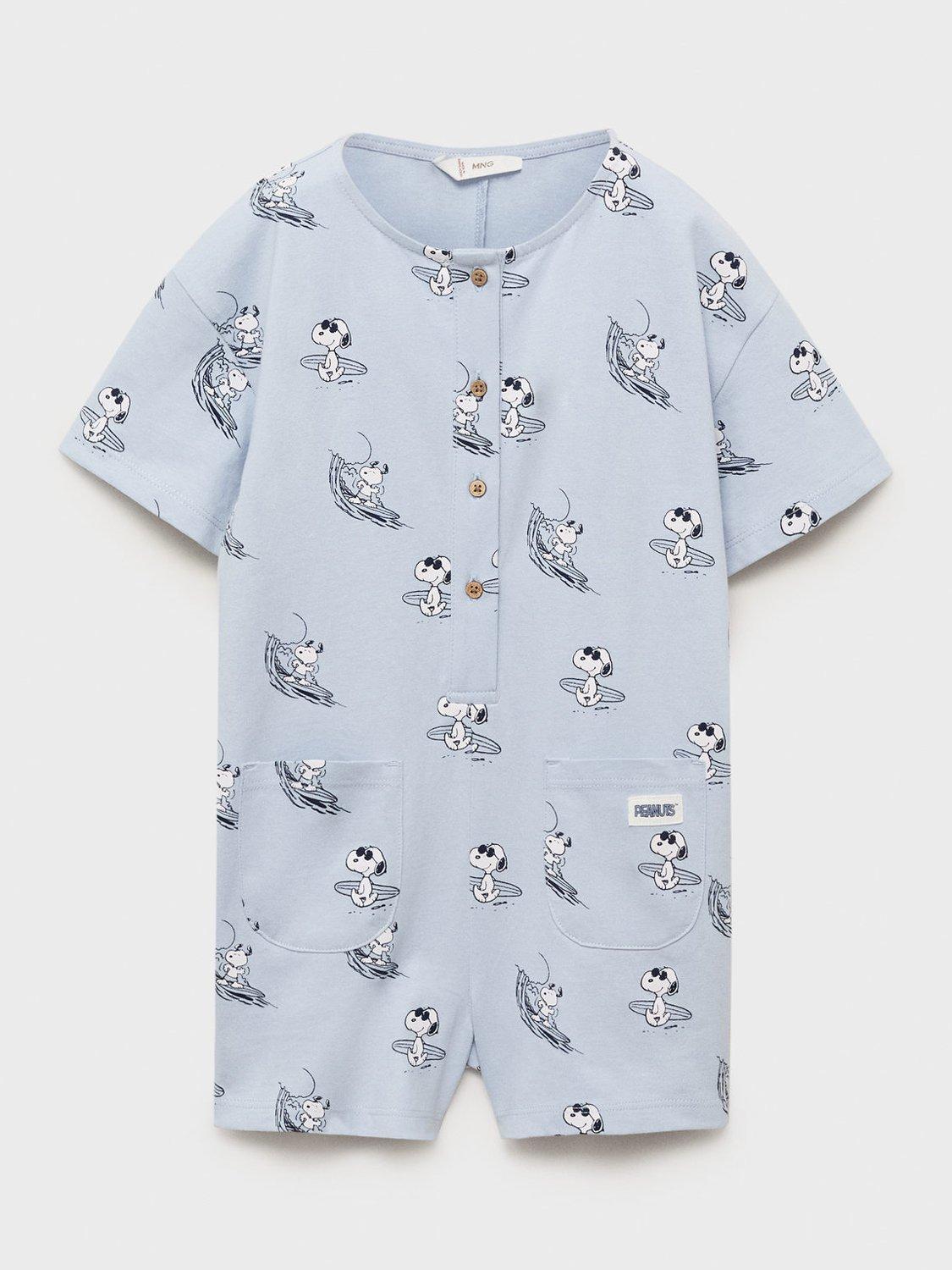 Product image 1 of 4, which shows Mango Baby Cotton Short Sleeved Snoopy Print Bodysuit, Medium Blue, 12-18 months