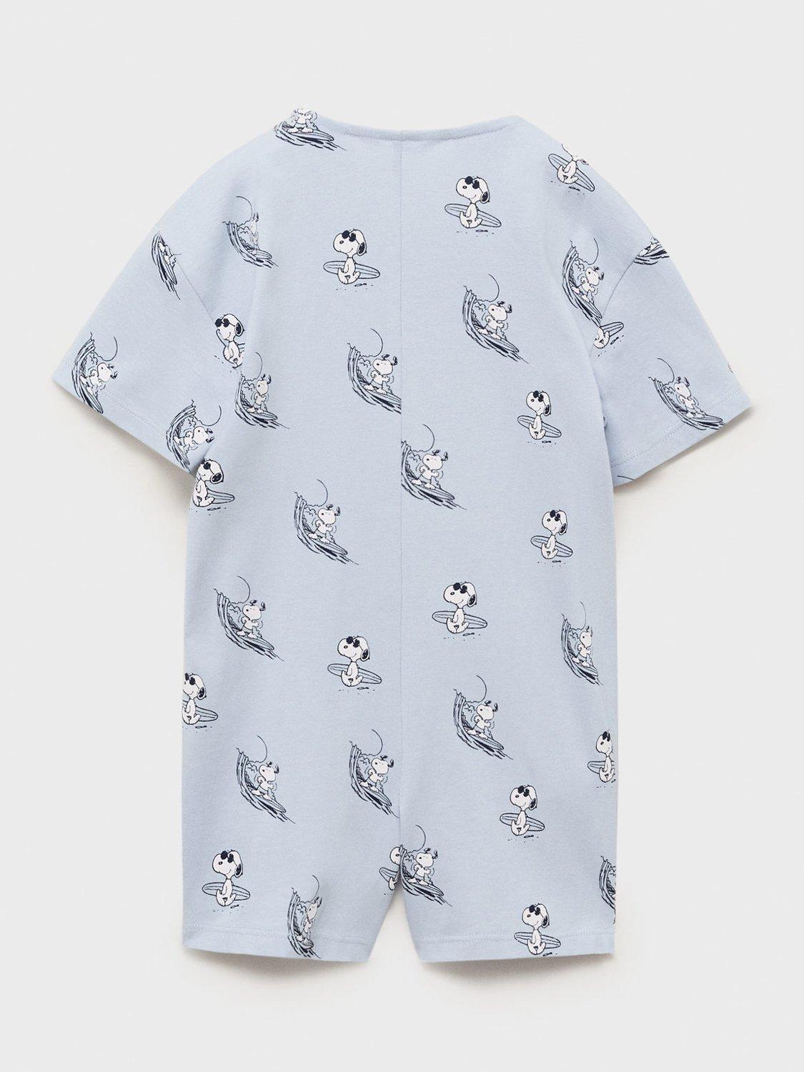 Product image 2 of 4, which shows Mango Baby Cotton Short Sleeved Snoopy Print Bodysuit, Medium Blue, 12-18 months