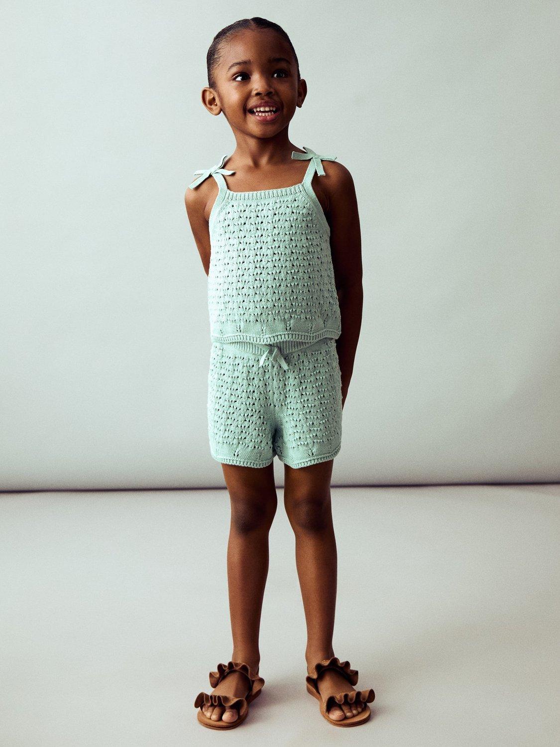 Product image 1 of 6, which shows Mango Kids' Gili Knitted Bow Detail Top, Turquoise - Aqua, 5-6 yrs