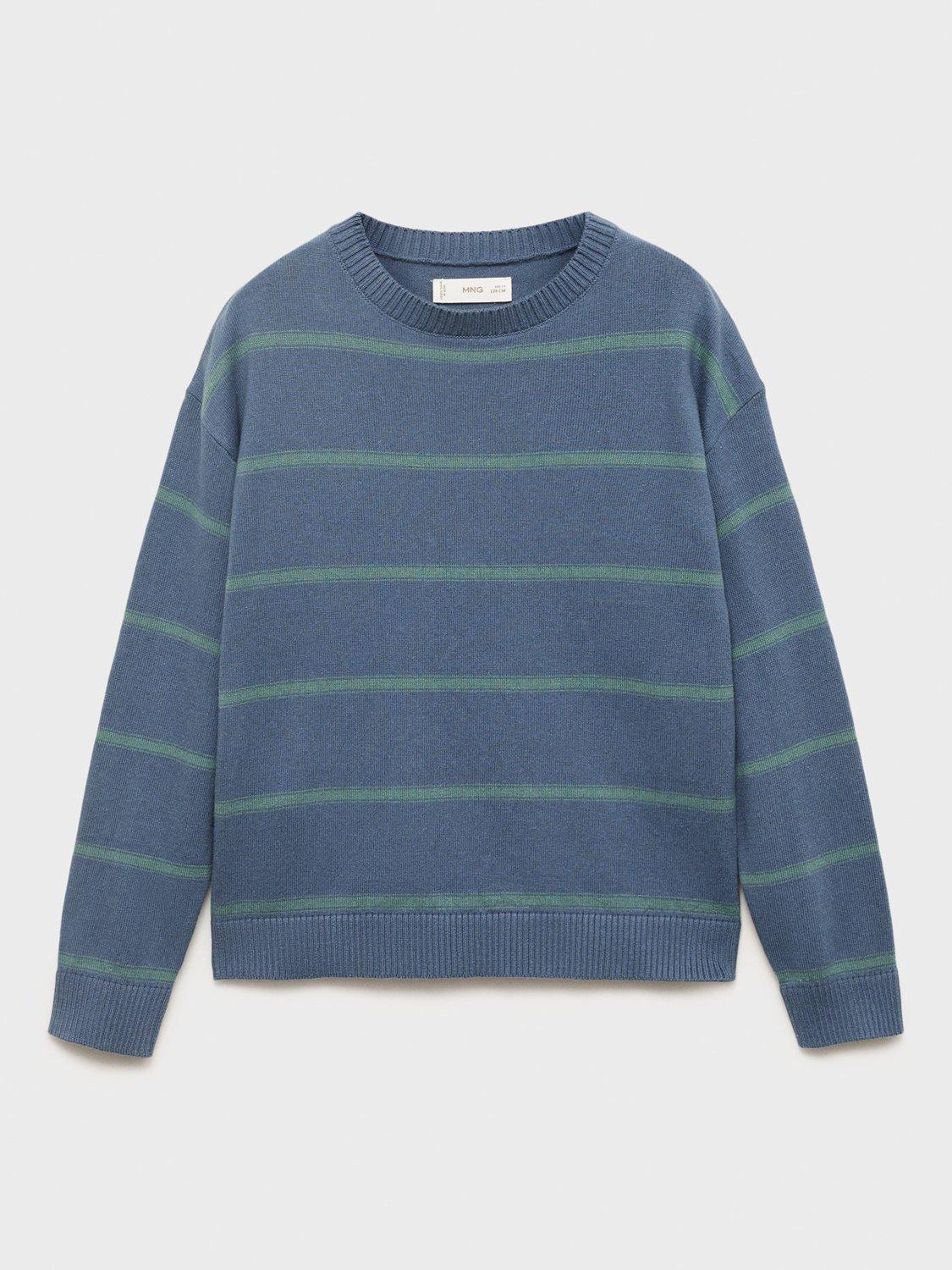 Product image 1 of 4, which shows Mango Kids' Sonny Cotton Knit Striped Jumper, Medium Blue, 11-12 years