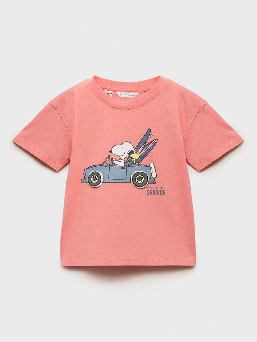 Product image 1 of 4, which shows Mango Kids' Cotton Short Sleeved Snoopy T-Shirt, Lt-pastel Orange, 12-18 months