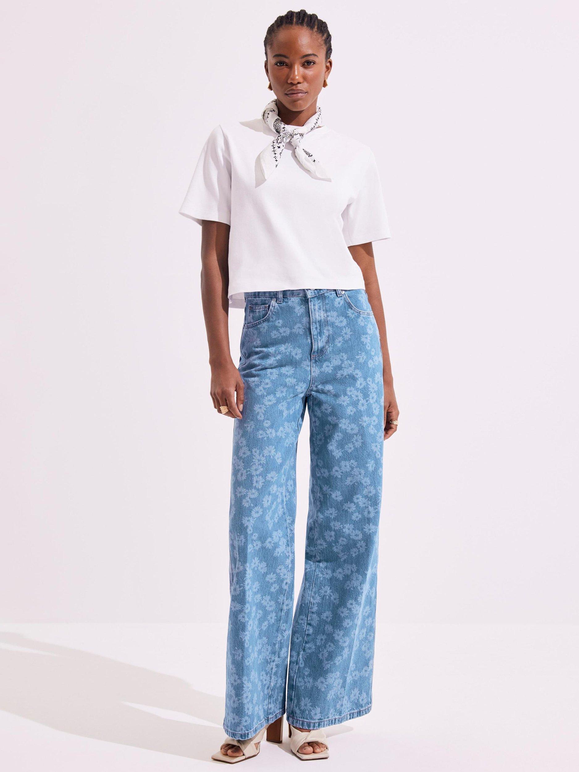 Product image 3 of 8, which shows Mint Velvet Cotton Floral Wide Leg Jeans, Blue, 8R