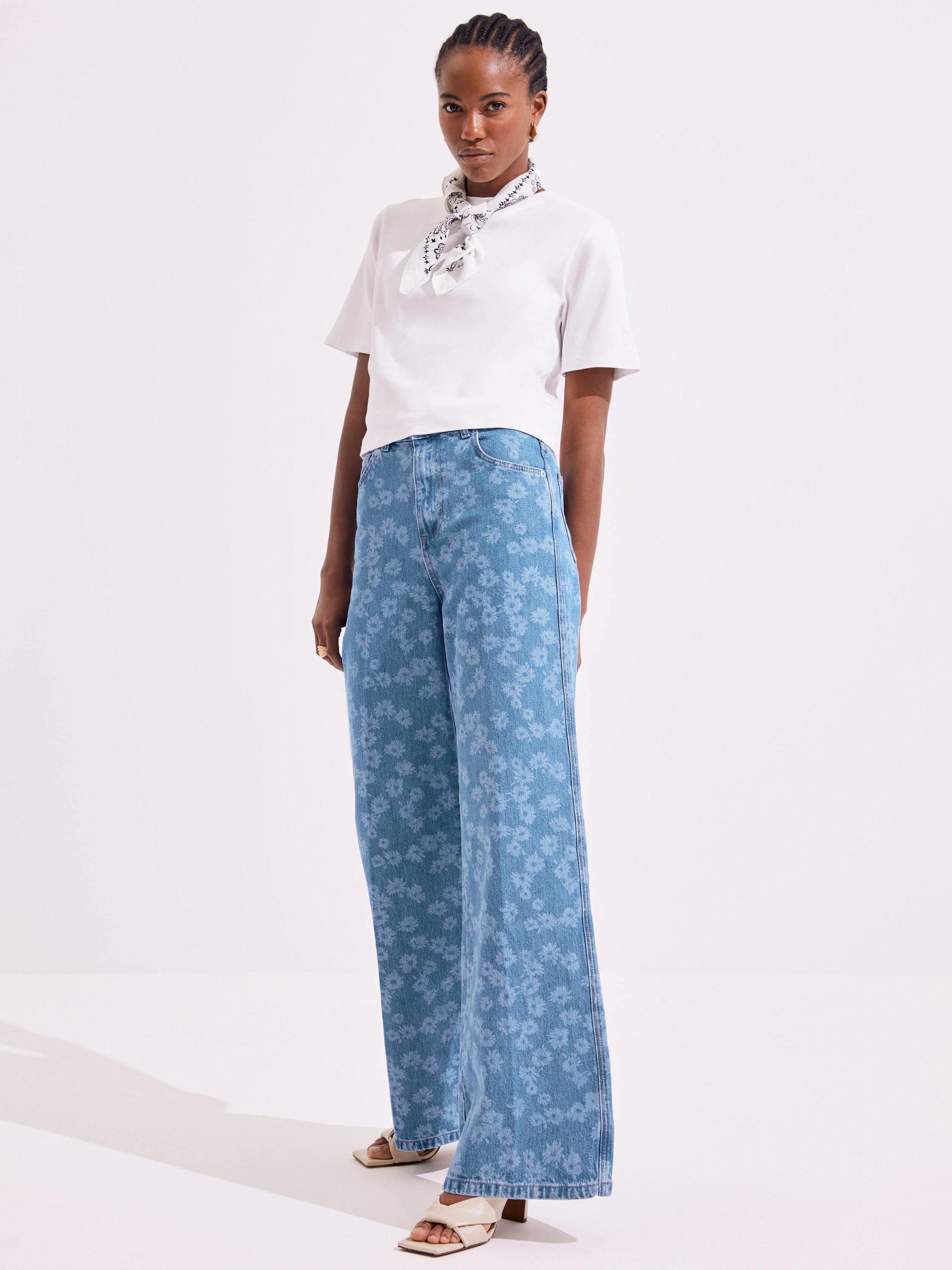 Product image 4 of 8, which shows Mint Velvet Cotton Floral Wide Leg Jeans, Blue, 8R