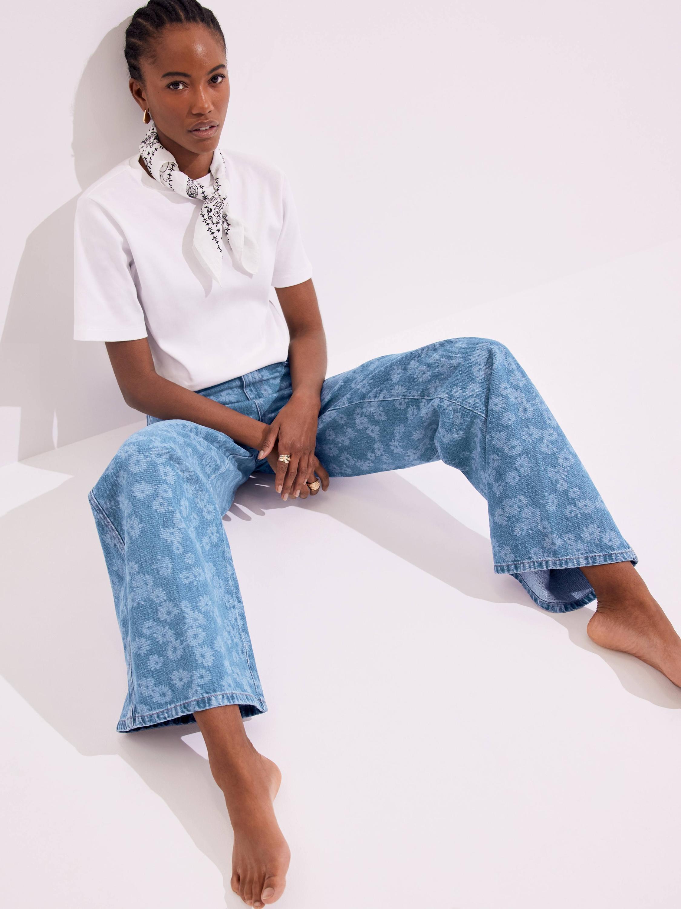 Product image 6 of 8, which shows Mint Velvet Cotton Floral Wide Leg Jeans, Blue, 8R